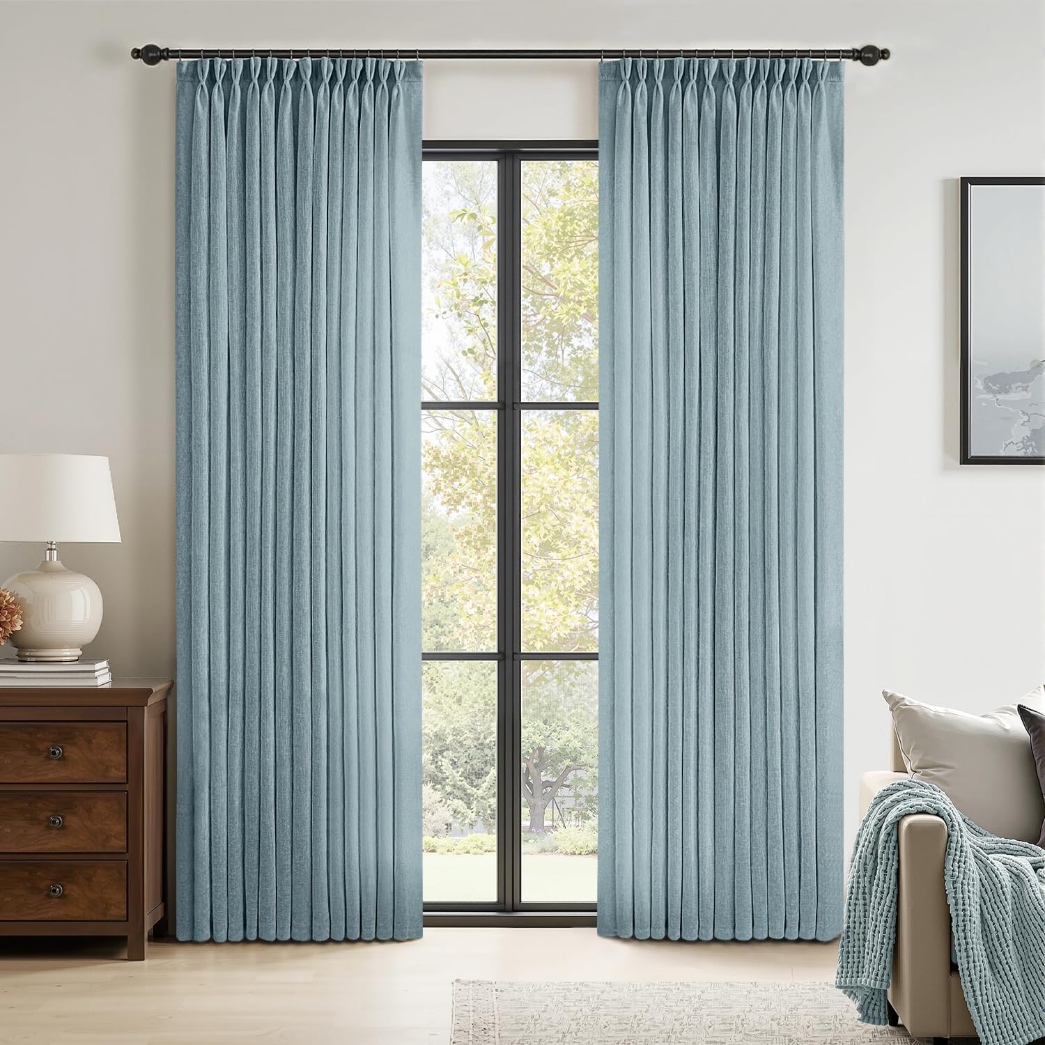 MIULEE 96 Inches Long Pinch Pleated Natural Linen Curtains 2 Panels Set for Bedroom Living Room, Viral Pleat Semi Sheer Drapes Light Filtering Textured Sheer Curtains with Hooks Floor to Ceiling