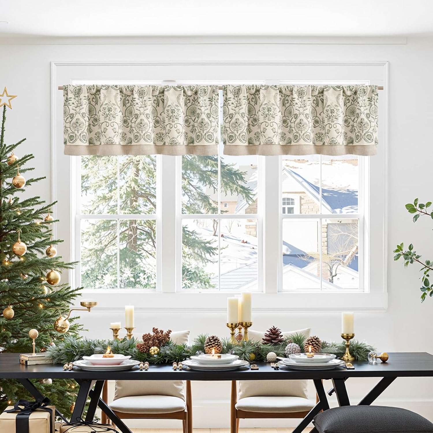 jinchan Linen Valance Kitchen Curtain for Windows Double Layer 16 Inch for Living Room Bedroom Christmas Decorations Blackout Vintage Rustic Farmhouse Cottagecore Rod Pocket 1 Panel Green on Beige