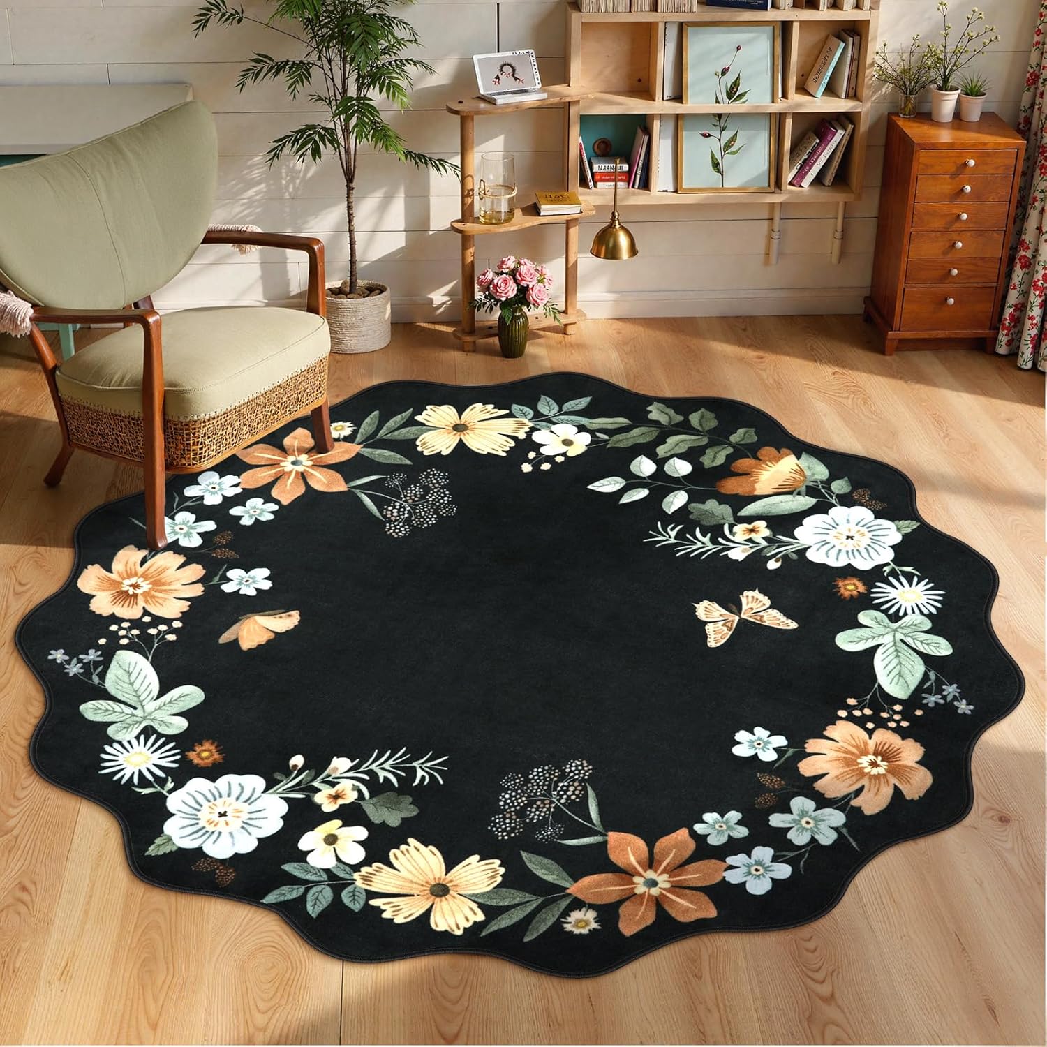Lahome Floral Washable Rugs 8x10, Non-Slip Soft Green Rug Stain Resistant, Ultra-Thin 8x10 Rugs for Living Room Easy Clean Boho Accent Carpet for Dining Room Office(8x10ft,Green)
