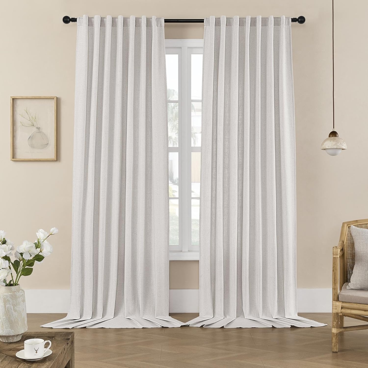Joydeco Linen Curtains 96 inch Length 2 Panel Set, Light Filtering Curtain for Living Room Bedroom, 52 inch Wide Drapes with Rod Pocket Back Tab (96" Lx52 W, Ivory on Linen)