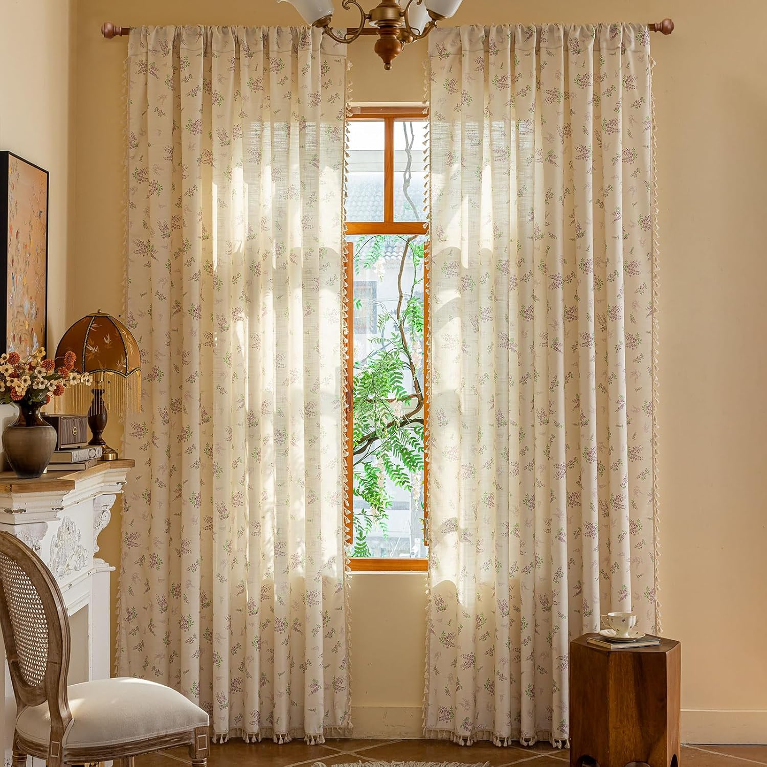 ENJOYBRIDAL Floral Bedroom Curtains 84 Inch Length 2 Panels Set Farmhouse Semi Sheer Living Room Drapes Cotton Linen Blend Bohemian Window Curtain Panels with Tassel Beige Rod Pocket Drapes