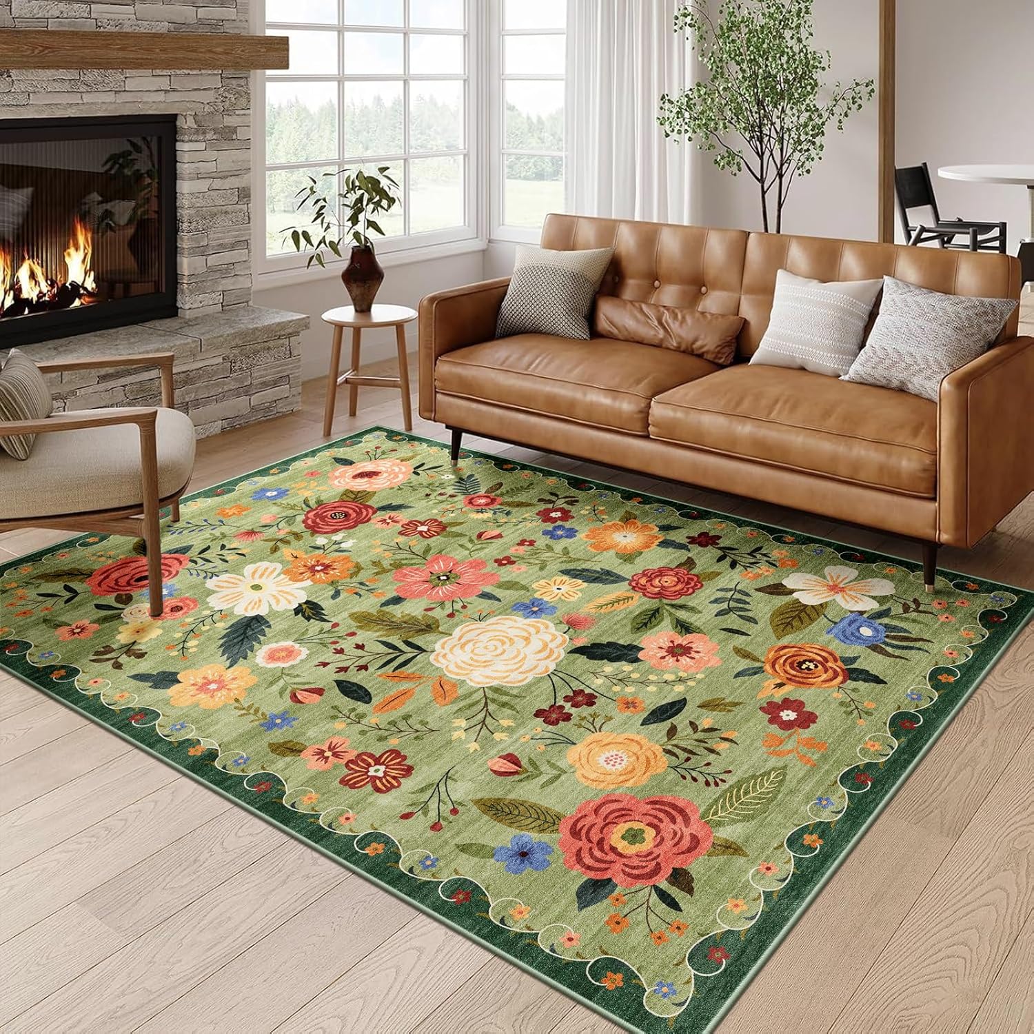 8x10 Washable Area Rug for Living Room, Floral Non-Slip Non-Shedding & Easy Care, Large Soft Low Pile Indoor Floor Carpet for Living Room, Bedroom, Farmhouse, Dining Room, Kids Playroom, Pink