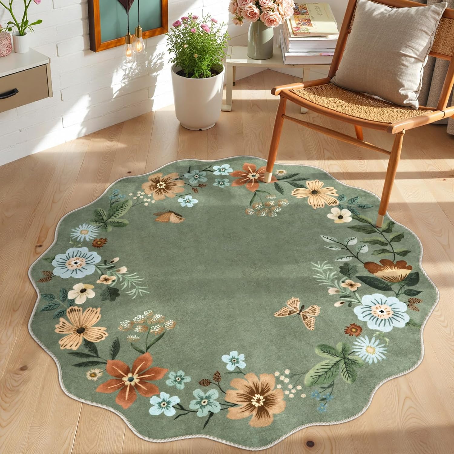 Lahome Floral Washable Rugs 8x10, Non-Slip Soft Green Rug Stain Resistant, Ultra-Thin 8x10 Rugs for Living Room Easy Clean Boho Accent Carpet for Dining Room Office(8x10ft,Green)