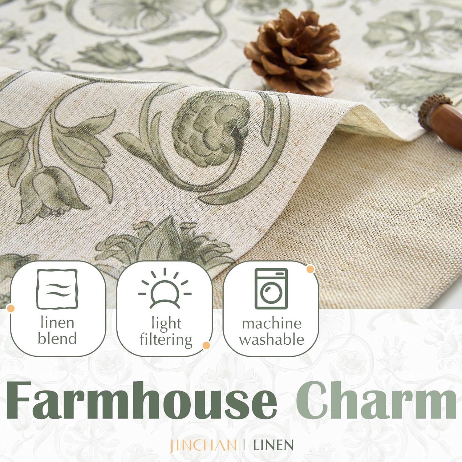 jinchan Linen Valance Kitchen Curtain for Windows Double Layer 16 Inch for Living Room Bedroom Christmas Decorations Blackout Vintage Rustic Farmhouse Cottagecore Rod Pocket 1 Panel Green on Beige