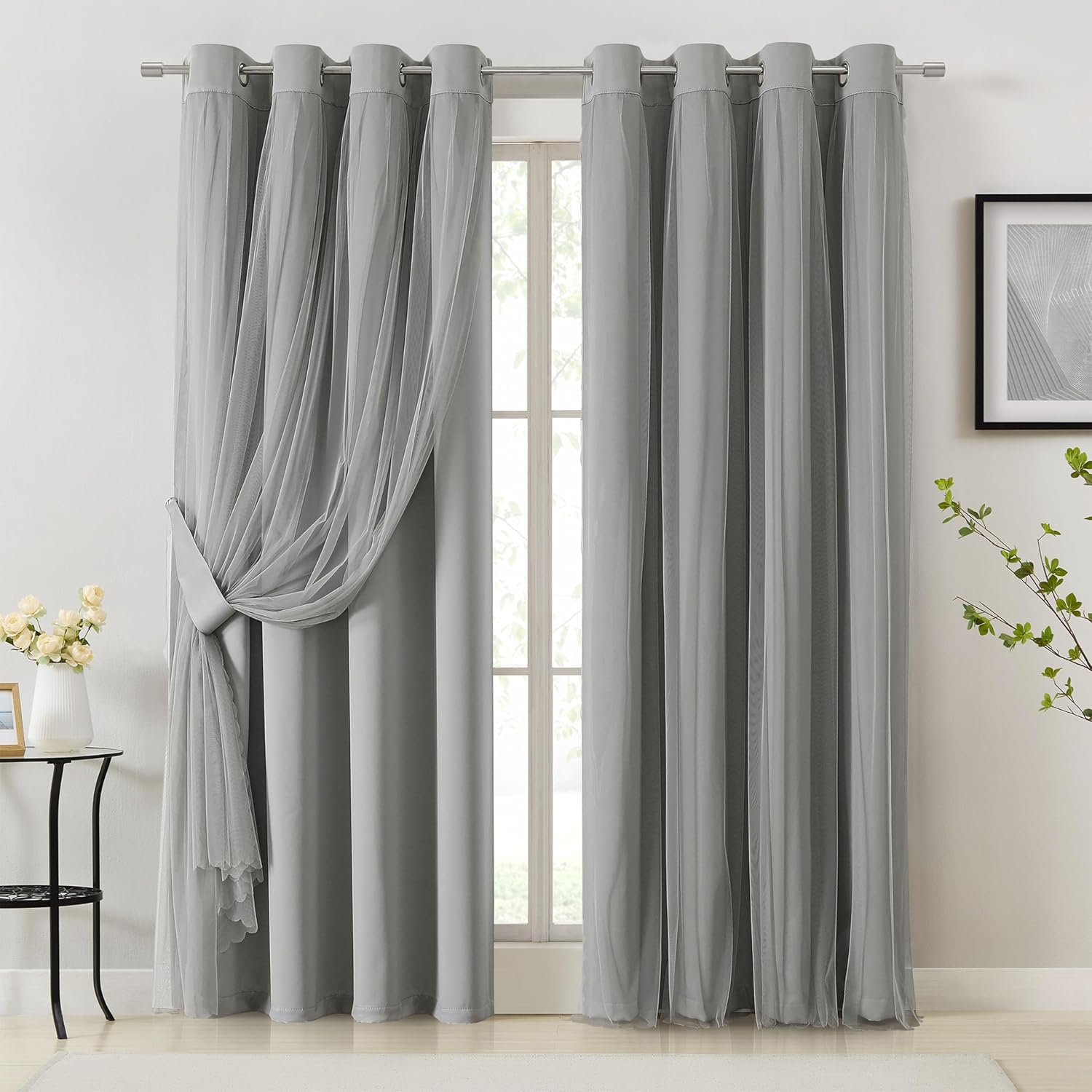 Bujasso Beige 90% Blackout Curtains with Sheer Overlay Mix and Match Double Layer Thermal Insulated Window Panels 84 inch for Living Room Bedroom Beige Drapes with Tiebacks Grommet Top 37" Wx84 Lx2