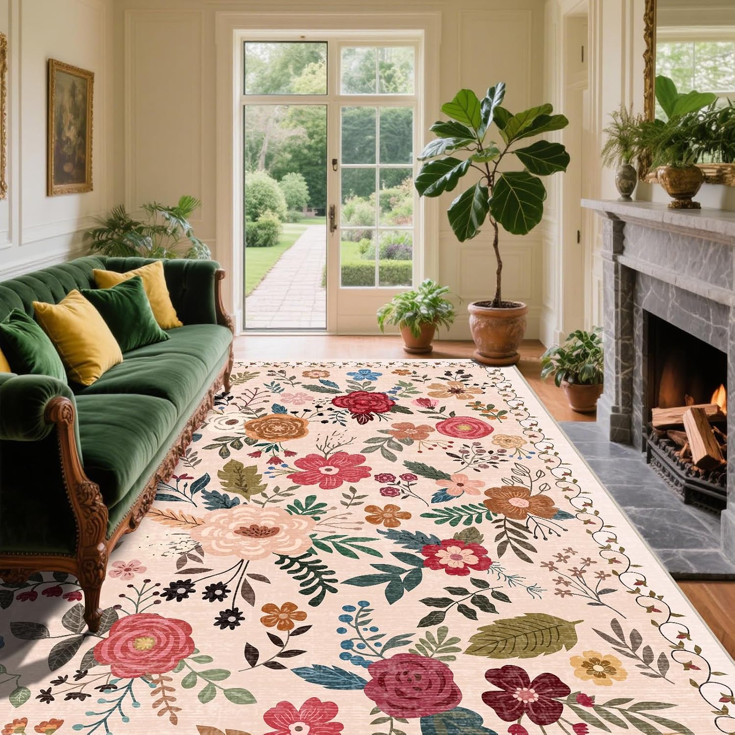 Vintage Beige Blue Living Room Rug, 8x10 Washable Area Rugs for Dining Room Under Table, Soft Low Pile Large Carpet Bedroom, Non-Slip Boho Floral (8 x 10 Beige Blue)