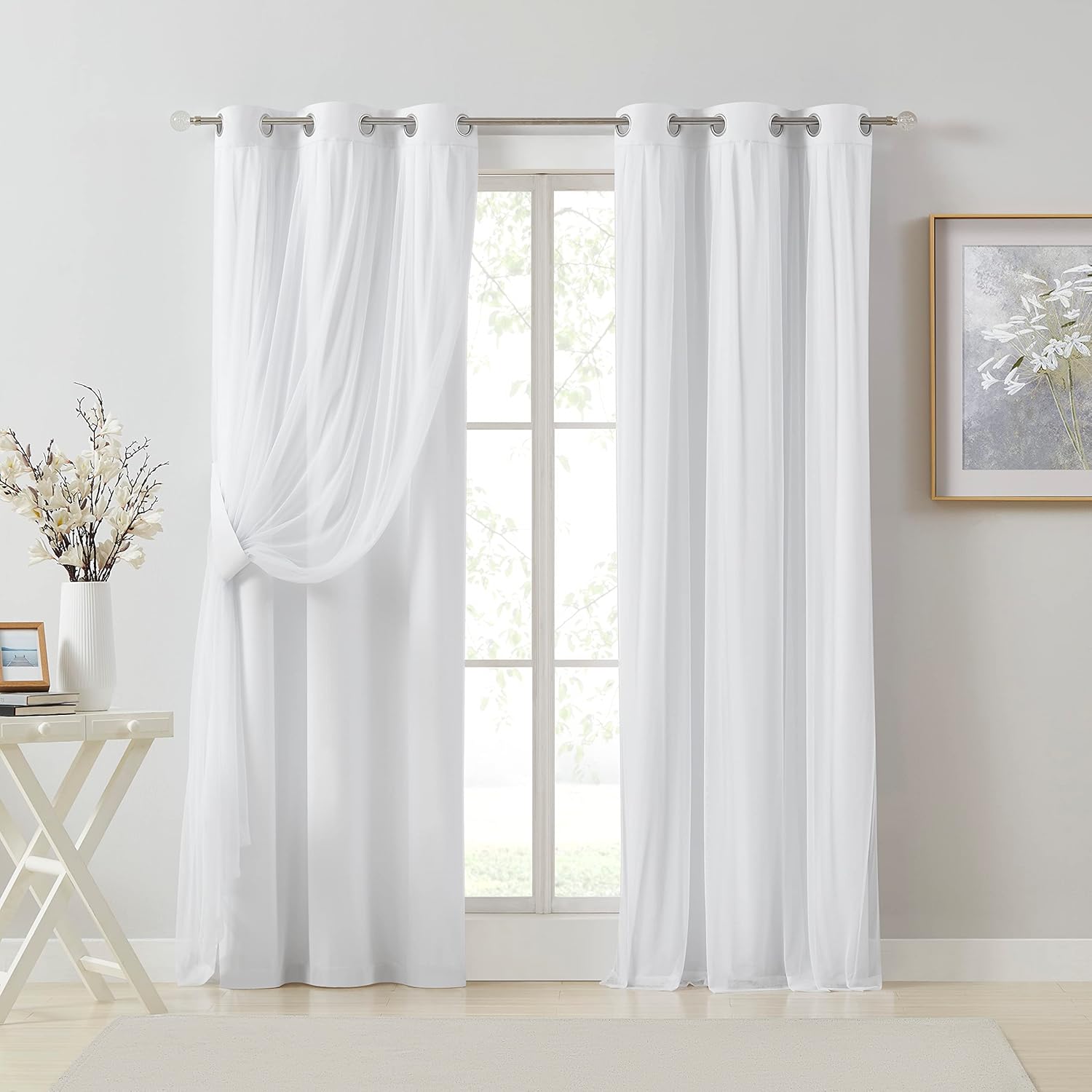 Bujasso Beige 90% Blackout Curtains with Sheer Overlay Mix and Match Double Layer Thermal Insulated Window Panels 84 inch for Living Room Bedroom Beige Drapes with Tiebacks Grommet Top 37" Wx84 Lx2