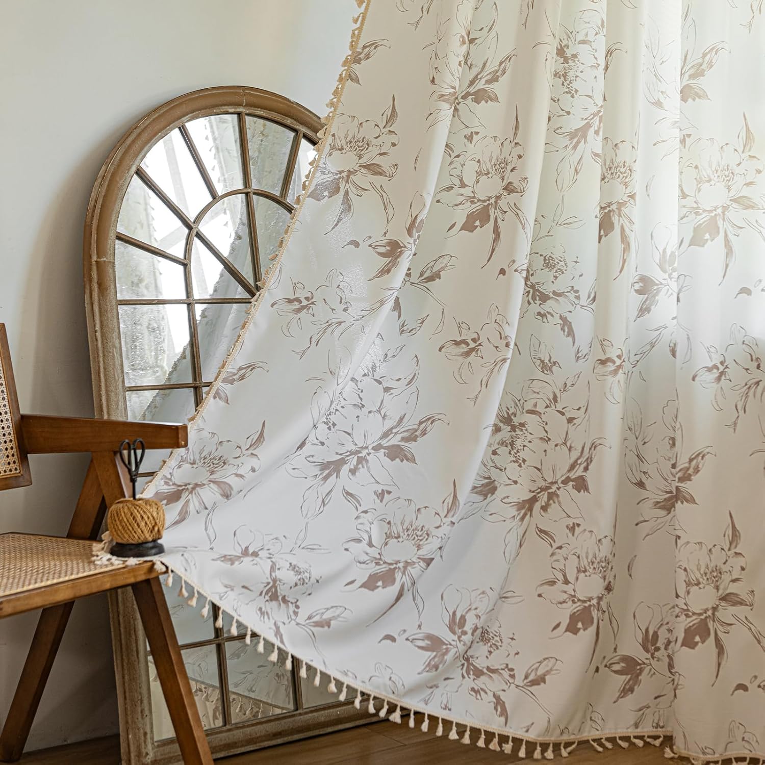 ENJOYBRIDAL Floral Bedroom Curtains 84 Inch Length 2 Panels Set Farmhouse Semi Sheer Living Room Drapes Cotton Linen Blend Bohemian Window Curtain Panels with Tassel Beige Rod Pocket Drapes