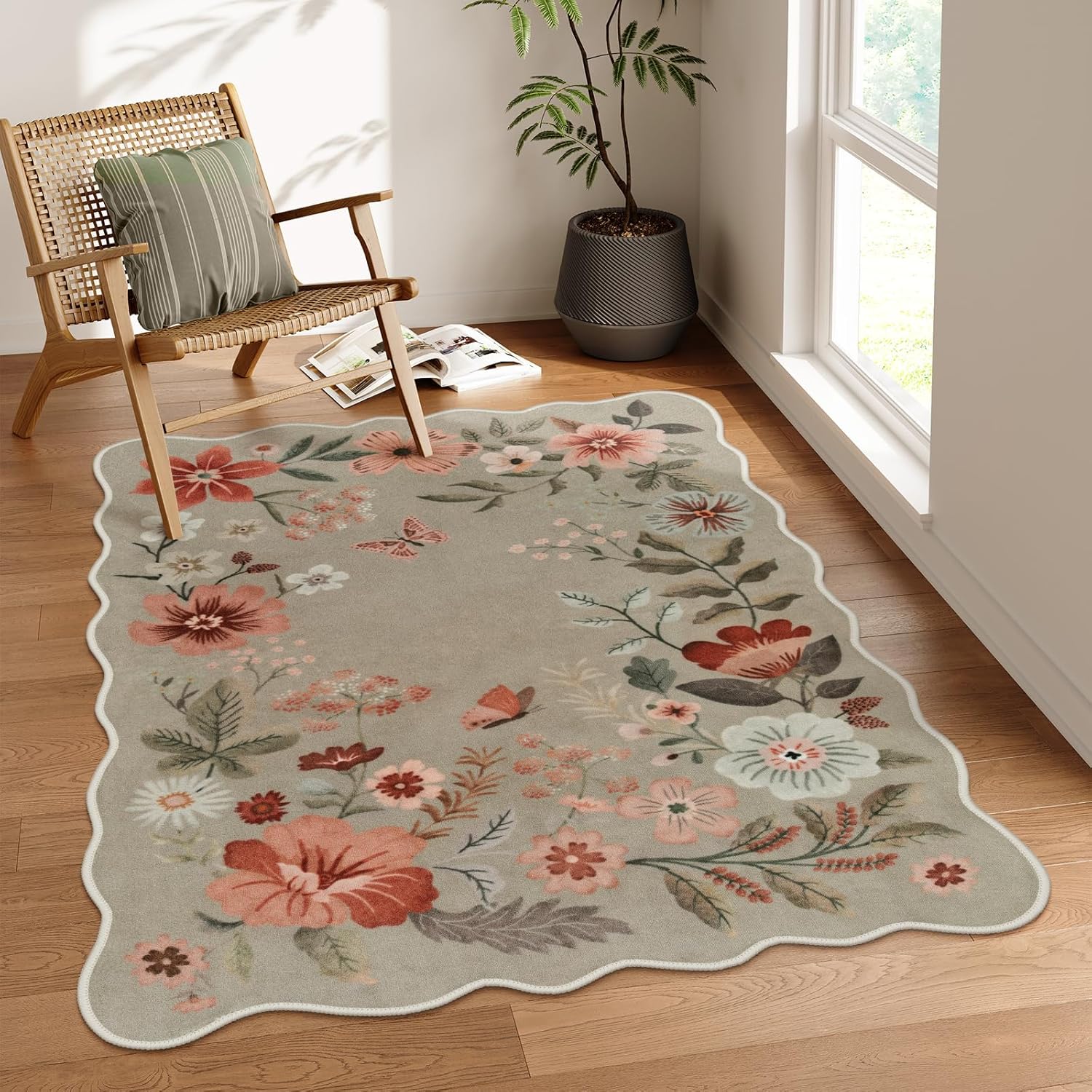 Lahome Floral Washable Rugs 8x10, Non-Slip Soft Green Rug Stain Resistant, Ultra-Thin 8x10 Rugs for Living Room Easy Clean Boho Accent Carpet for Dining Room Office(8x10ft,Green)