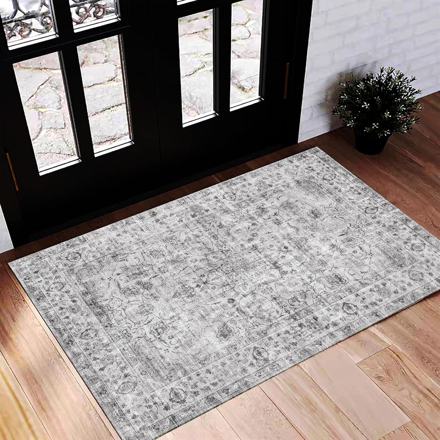 Area Rug 8x10 Washable Rug Brown Vintage Traditional Mat Distressed Indoor Foldable Thin Retro Accent Floral Non Slip Carpet Living Room Dining Room Office
