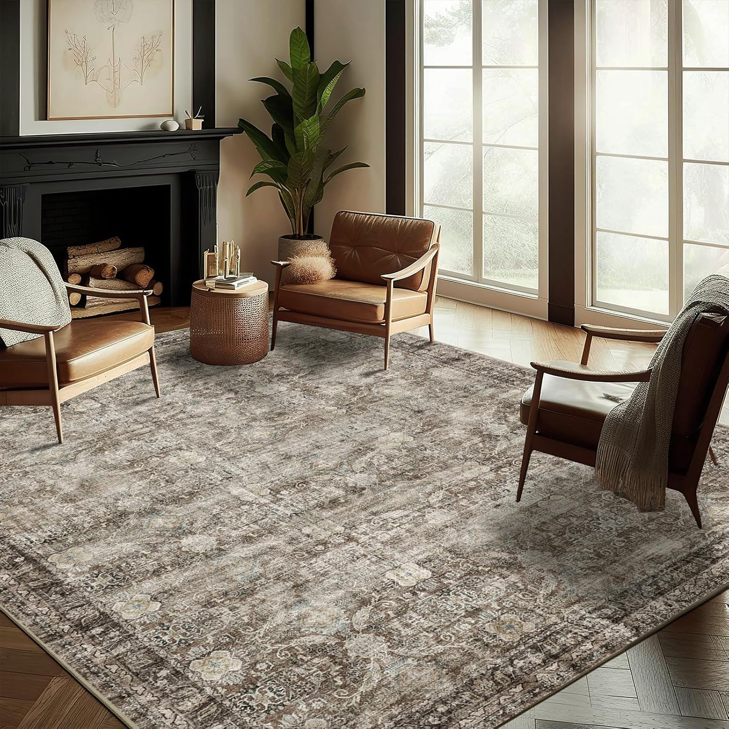 Area Rug 8x10 Washable Rug Brown Vintage Traditional Mat Distressed Indoor Foldable Thin Retro Accent Floral Non Slip Carpet Living Room Dining Room Office