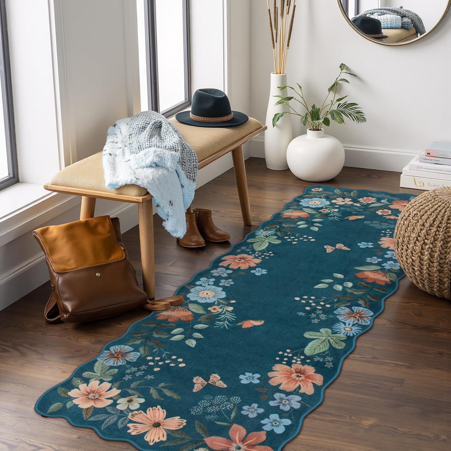Lahome Floral Washable Rugs 8x10, Non-Slip Soft Green Rug Stain Resistant, Ultra-Thin 8x10 Rugs for Living Room Easy Clean Boho Accent Carpet for Dining Room Office(8x10ft,Green)