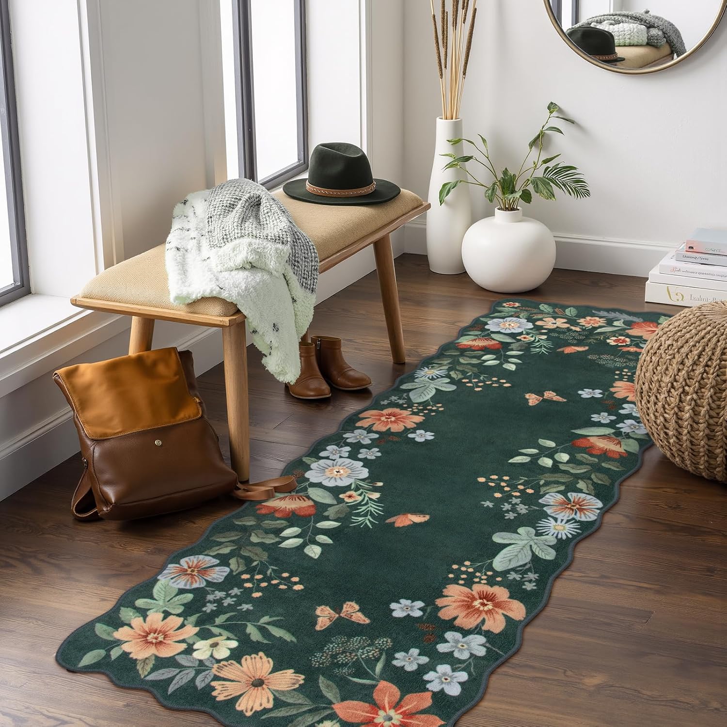 Lahome Floral Washable Rugs 8x10, Non-Slip Soft Green Rug Stain Resistant, Ultra-Thin 8x10 Rugs for Living Room Easy Clean Boho Accent Carpet for Dining Room Office(8x10ft,Green)