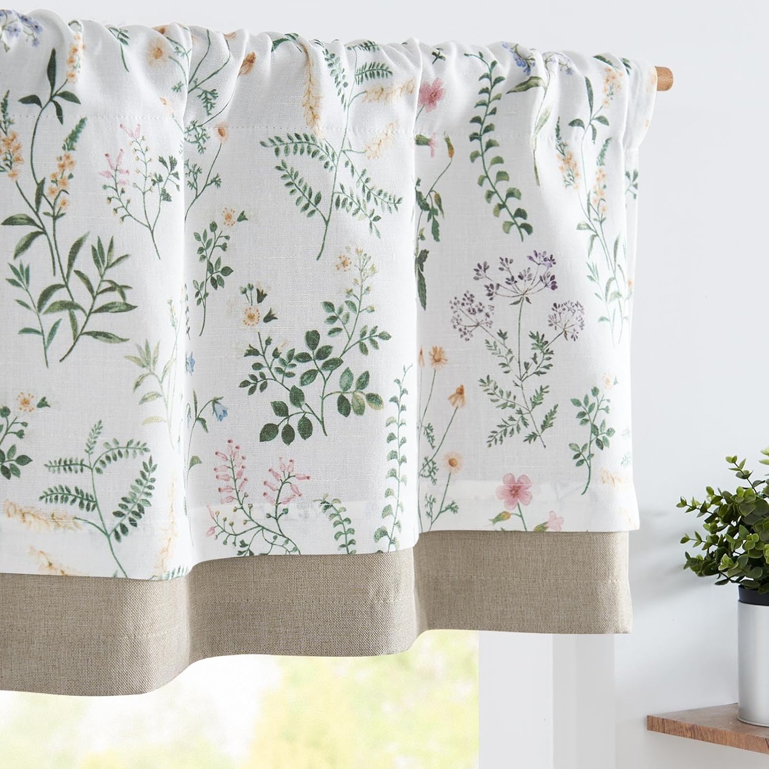 jinchan Linen Valance Kitchen Curtain for Windows Double Layer 16 Inch for Living Room Bedroom Christmas Decorations Blackout Vintage Rustic Farmhouse Cottagecore Rod Pocket 1 Panel Green on Beige