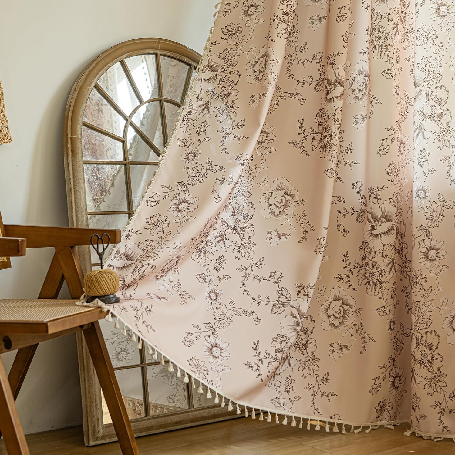 ENJOYBRIDAL Floral Bedroom Curtains 84 Inch Length 2 Panels Set Farmhouse Semi Sheer Living Room Drapes Cotton Linen Blend Bohemian Window Curtain Panels with Tassel Beige Rod Pocket Drapes