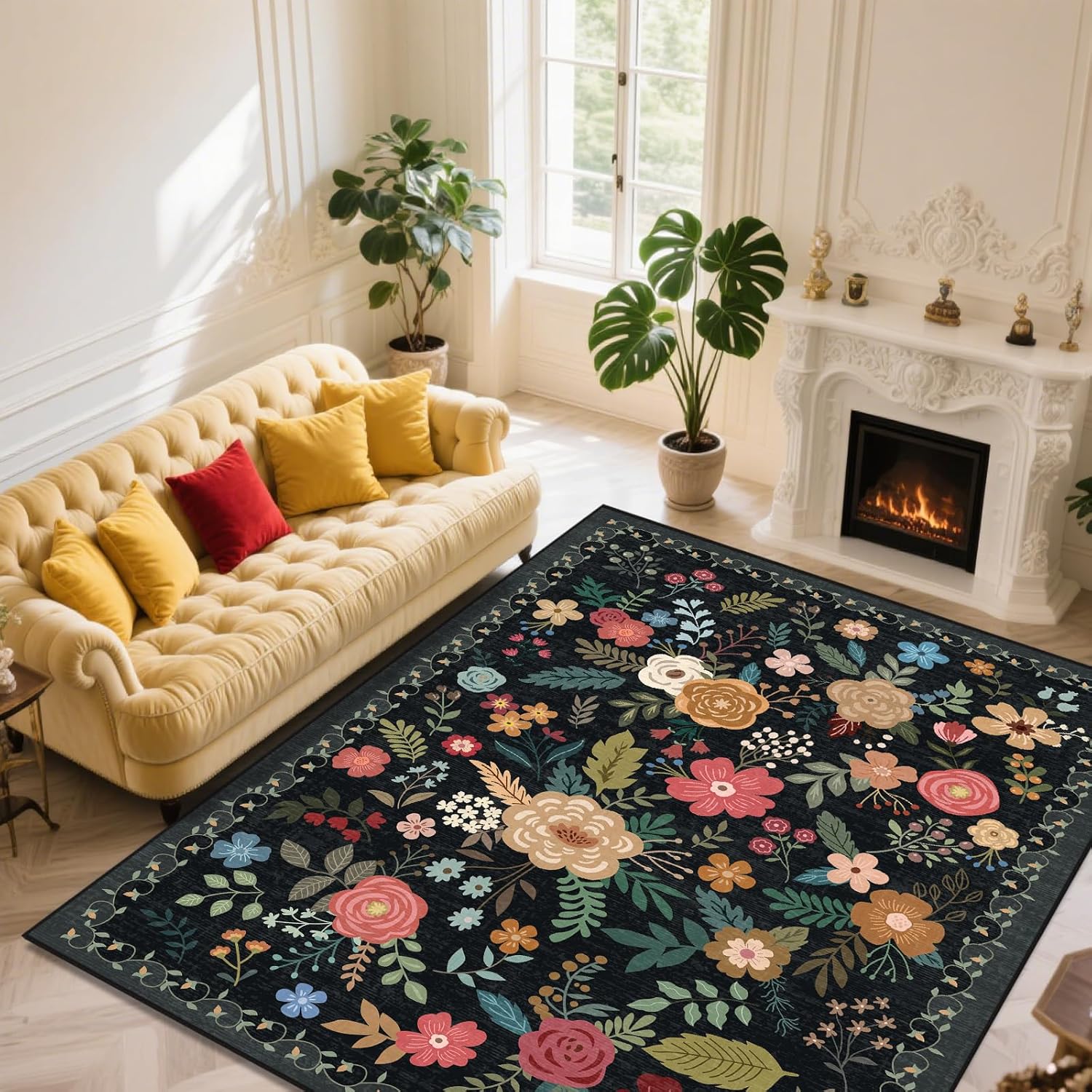 Vintage Beige Blue Living Room Rug, 8x10 Washable Area Rugs for Dining Room Under Table, Soft Low Pile Large Carpet Bedroom, Non-Slip Boho Floral (8 x 10 Beige Blue)