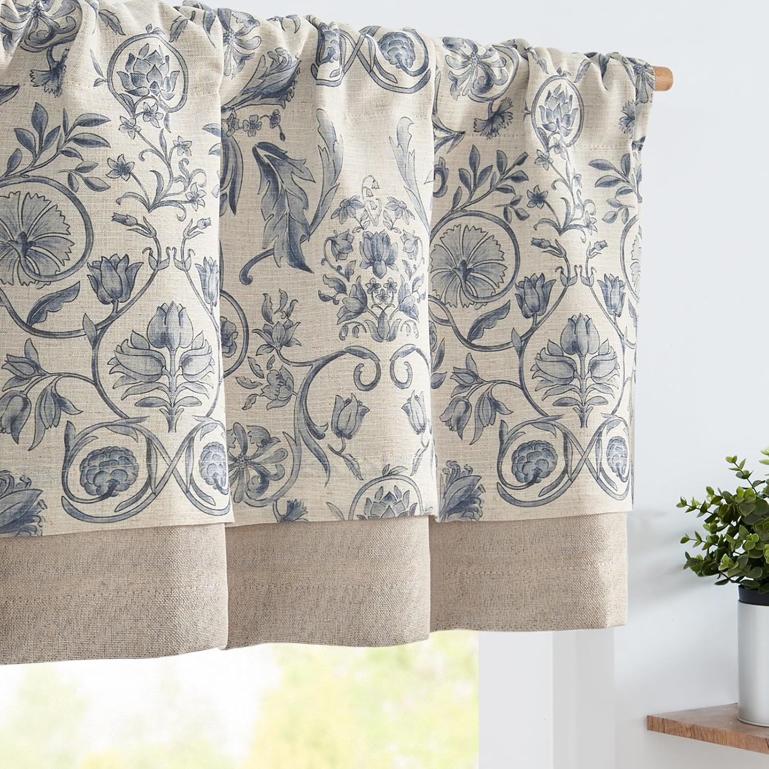 jinchan Linen Valance Kitchen Curtain for Windows Double Layer 16 Inch for Living Room Bedroom Christmas Decorations Blackout Vintage Rustic Farmhouse Cottagecore Rod Pocket 1 Panel Green on Beige