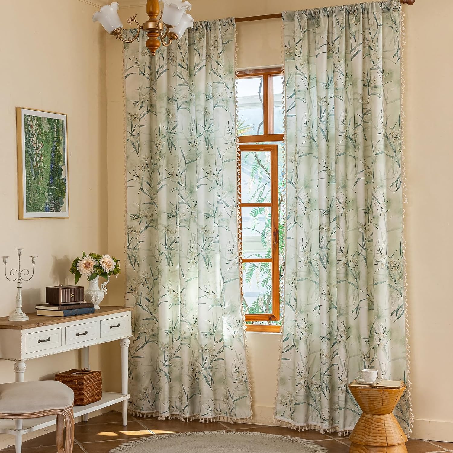 ENJOYBRIDAL Floral Bedroom Curtains 84 Inch Length 2 Panels Set Farmhouse Semi Sheer Living Room Drapes Cotton Linen Blend Bohemian Window Curtain Panels with Tassel Beige Rod Pocket Drapes