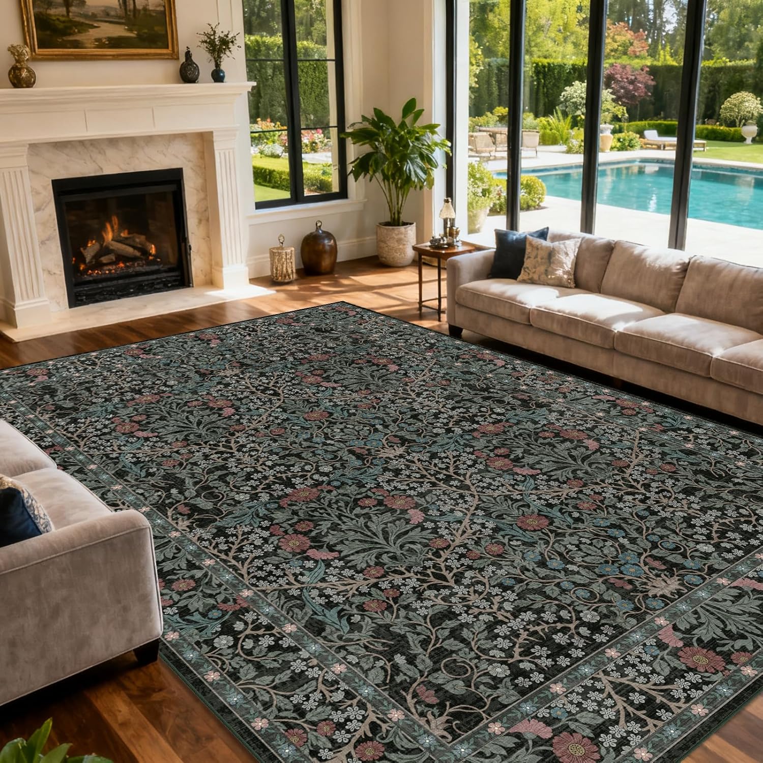 Vintage Beige Blue Living Room Rug, 8x10 Washable Area Rugs for Dining Room Under Table, Soft Low Pile Large Carpet Bedroom, Non-Slip Boho Floral (8 x 10 Beige Blue)