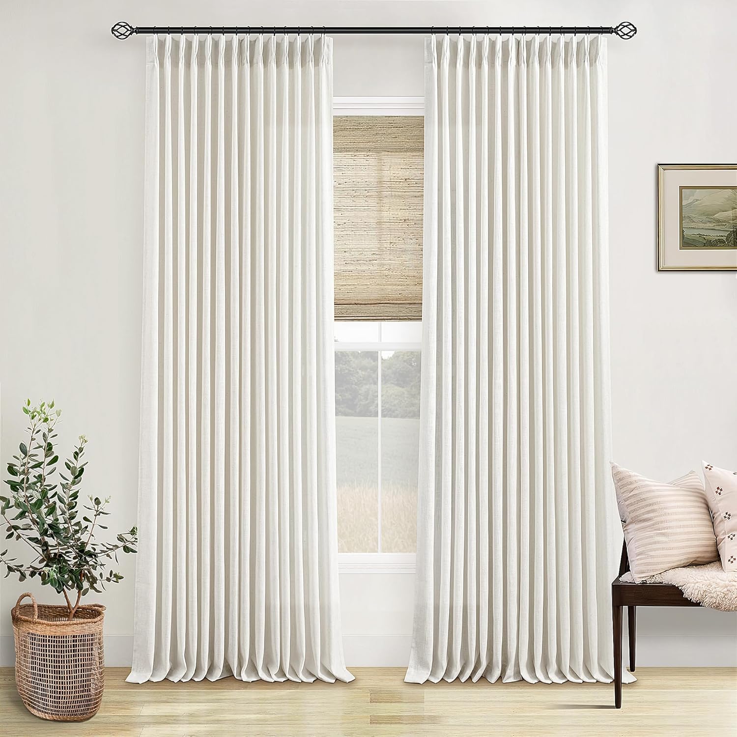 Natural Pinch Pleated Linen Curtains 84 Inch Length 2 Panels for Living Room Bedroom Textured Cream Ivory Birch Semi Sheer Boho Neutral Back Tab Pinch Pleat Hooks Rings Window Curtain 84 Inches Long