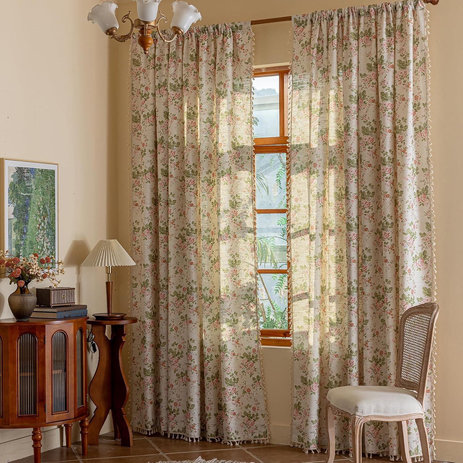 ENJOYBRIDAL Floral Bedroom Curtains 84 Inch Length 2 Panels Set Farmhouse Semi Sheer Living Room Drapes Cotton Linen Blend Bohemian Window Curtain Panels with Tassel Beige Rod Pocket Drapes