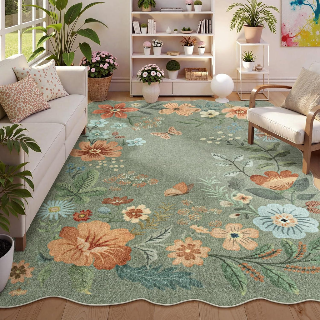 Lahome Floral Washable Rugs 8x10, Non-Slip Soft Green Rug Stain Resistant, Ultra-Thin 8x10 Rugs for Living Room Easy Clean Boho Accent Carpet for Dining Room Office(8x10ft,Green)