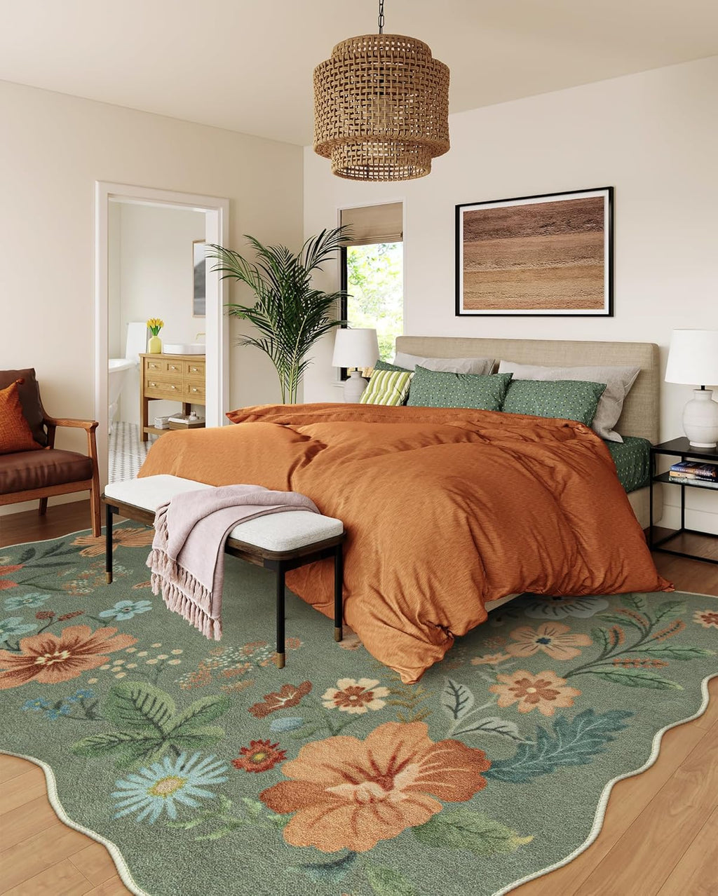 Lahome Floral Washable Rugs 8x10, Non-Slip Soft Green Rug Stain Resistant, Ultra-Thin 8x10 Rugs for Living Room Easy Clean Boho Accent Carpet for Dining Room Office(8x10ft,Green)