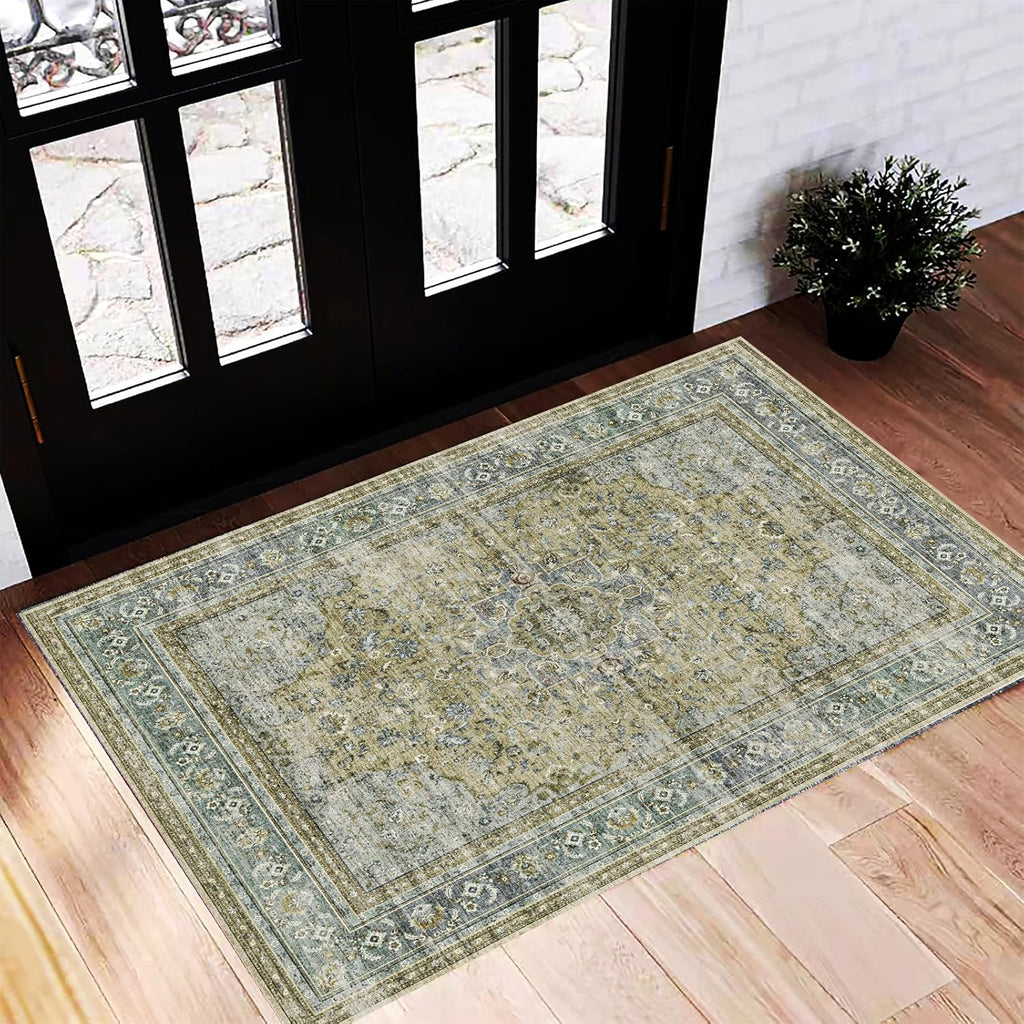 Area Rug 8x10 Washable Rug Brown Vintage Traditional Mat Distressed Indoor Foldable Thin Retro Accent Floral Non Slip Carpet Living Room Dining Room Office