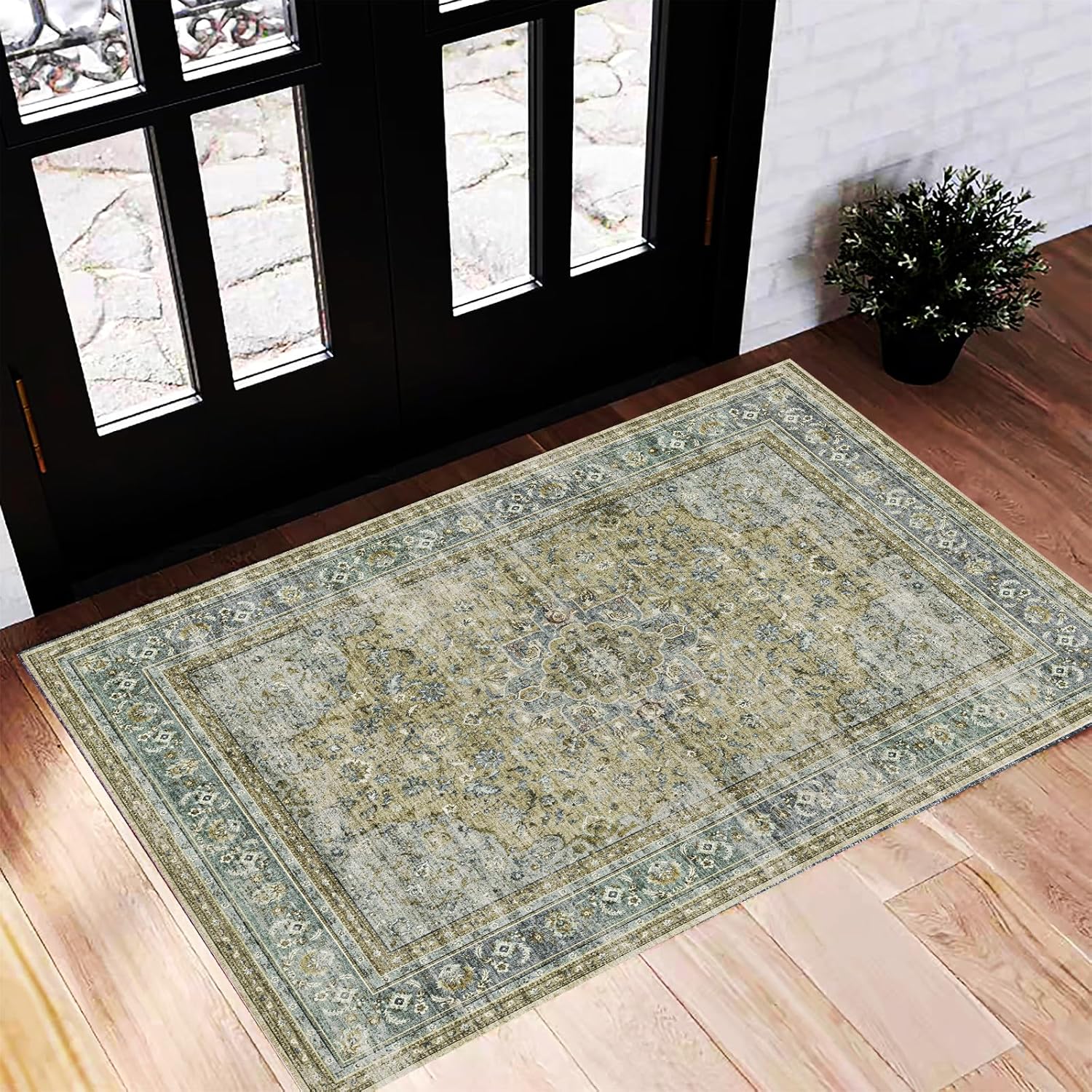 Area Rug 8x10 Washable Rug Brown Vintage Traditional Mat Distressed Indoor Foldable Thin Retro Accent Floral Non Slip Carpet Living Room Dining Room Office