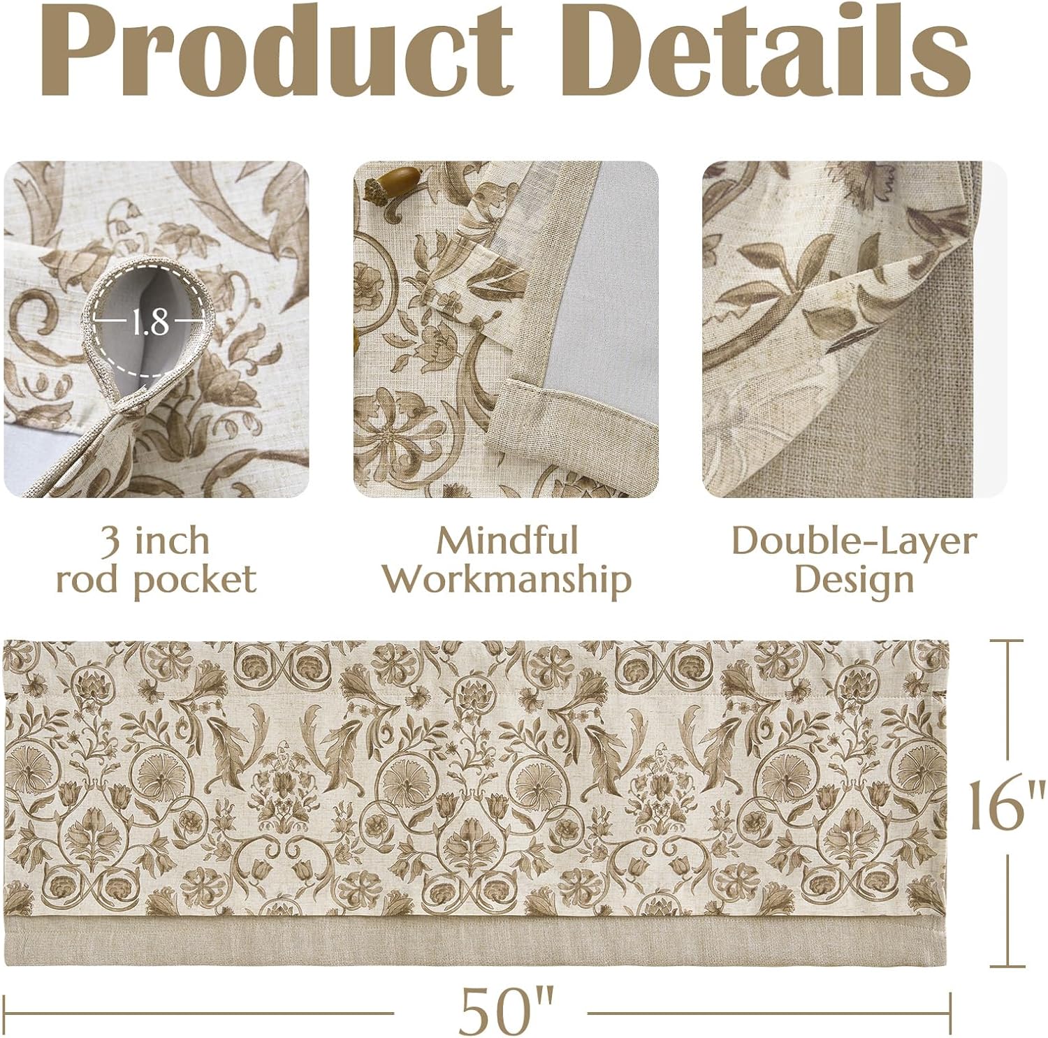 JINCHAN Linen Valance Kitchen Curtain for Windows Double Layer 16 Inch for Living Room Bedroom Bathroom Window Treatment Blackout Vintage Rustic Farmhouse Cottagecore Rod Pocket 1 Panel Taupe on Beige