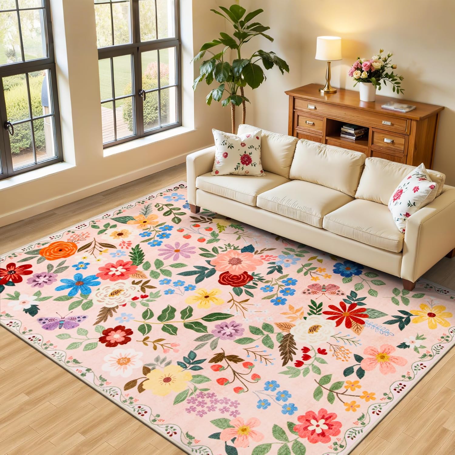 8x10 Area Rugs for Living Room: Floral Washable Rug Vintage Large Soft Boho Non-Slip Carpet Indoor Floor Stain Resistant Carpets for Bedroom Dining Room Farmhouse Nursery Home Office Beige/Multi