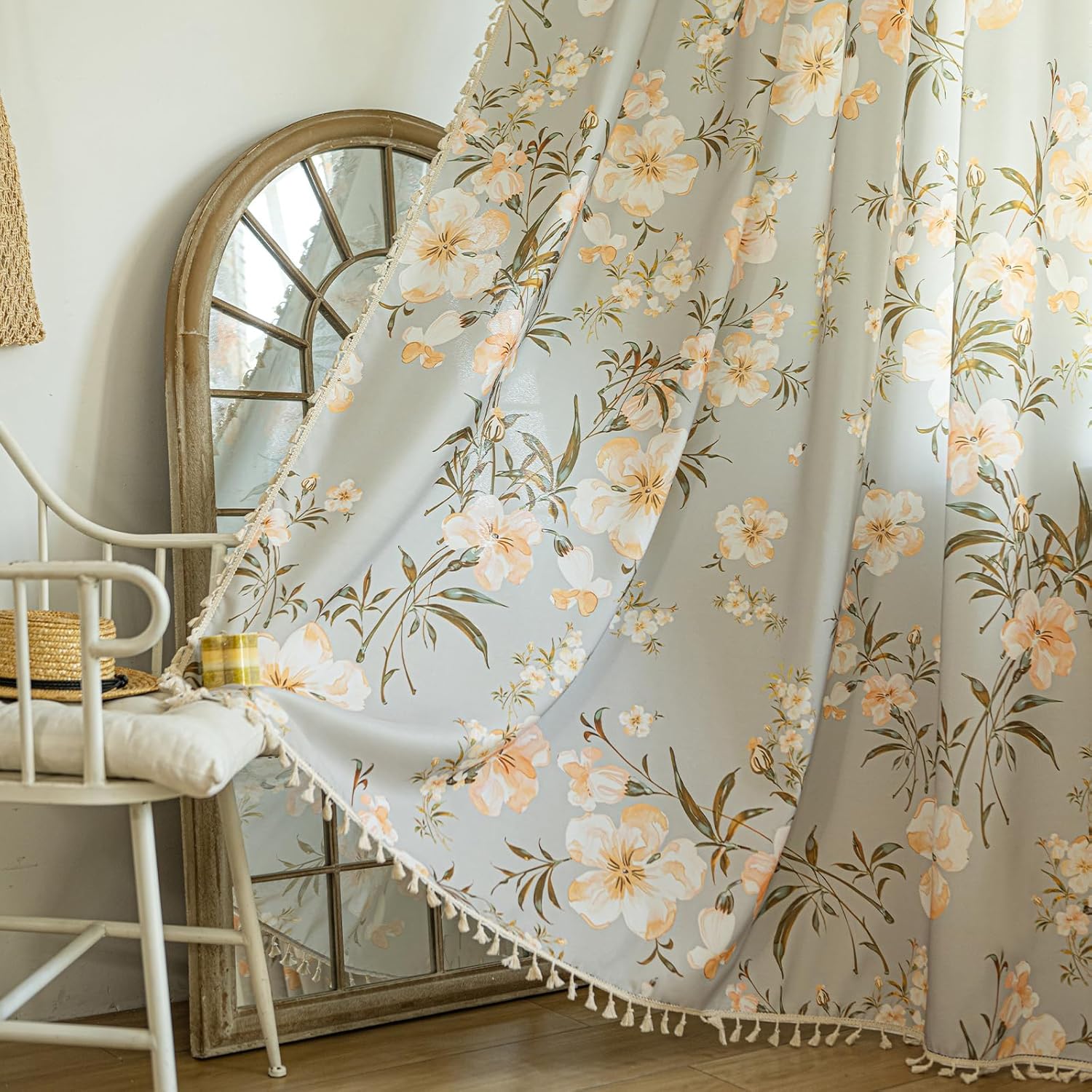 ENJOYBRIDAL Floral Bedroom Curtains 84 Inch Length 2 Panels Set Farmhouse Semi Sheer Living Room Drapes Cotton Linen Blend Bohemian Window Curtain Panels with Tassel Beige Rod Pocket Drapes