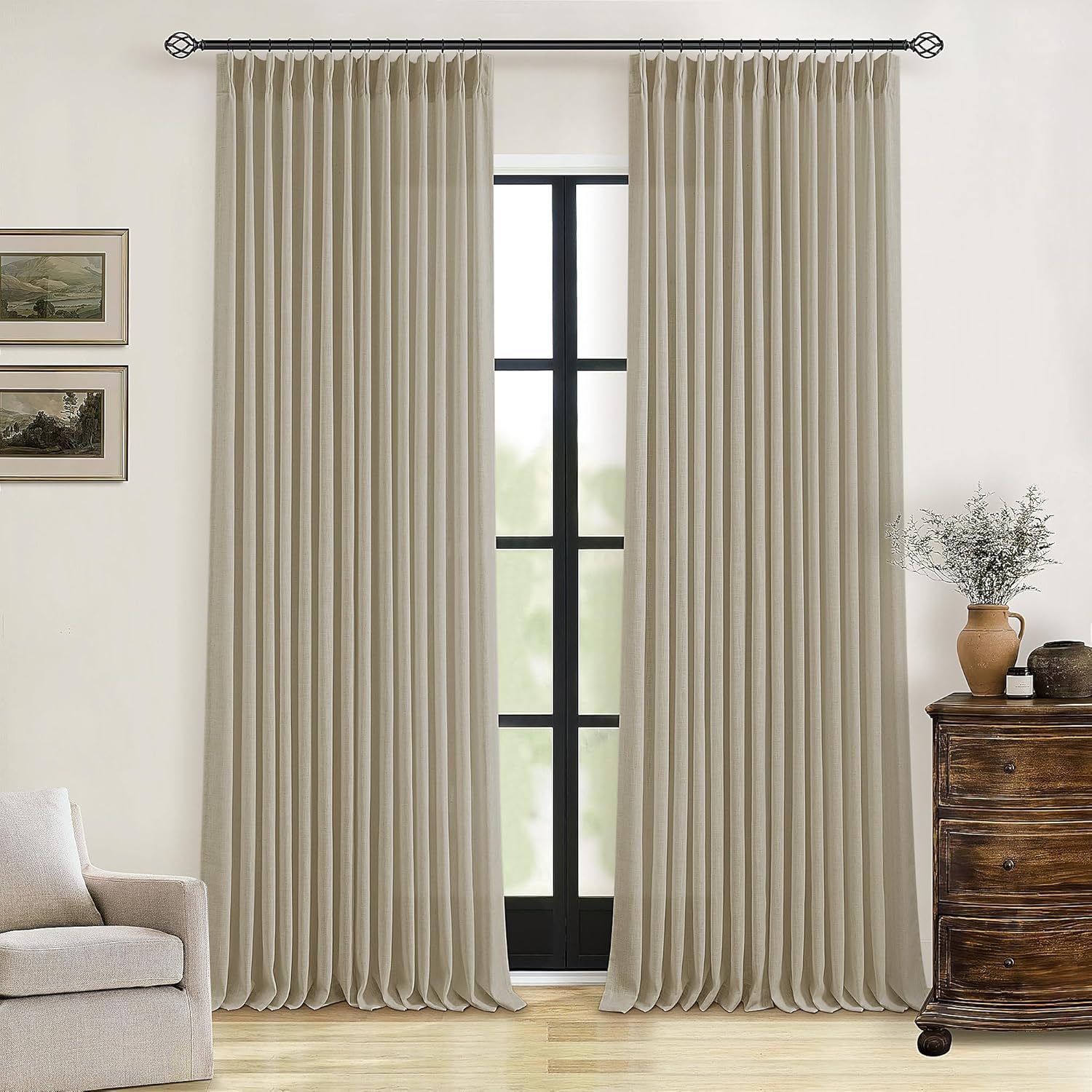 Natural Pinch Pleated Linen Curtains 84 Inch Length 2 Panels for Living Room Bedroom Textured Cream Ivory Birch Semi Sheer Boho Neutral Back Tab Pinch Pleat Hooks Rings Window Curtain 84 Inches Long