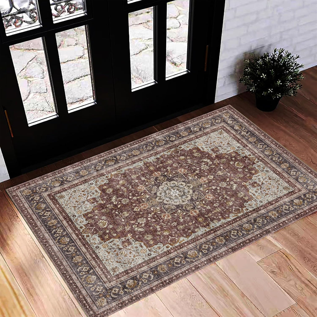 Area Rug 8x10 Washable Rug Brown Vintage Traditional Mat Distressed Indoor Foldable Thin Retro Accent Floral Non Slip Carpet Living Room Dining Room Office