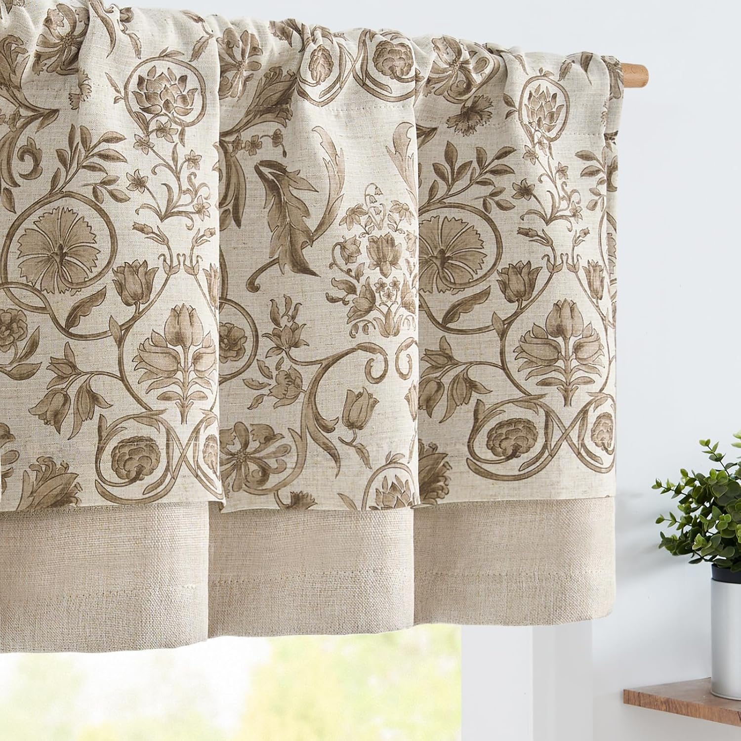 JINCHAN Linen Valance Kitchen Curtain for Windows Double Layer 16 Inch for Living Room Bedroom Bathroom Window Treatment Blackout Vintage Rustic Farmhouse Cottagecore Rod Pocket 1 Panel Taupe on Beige