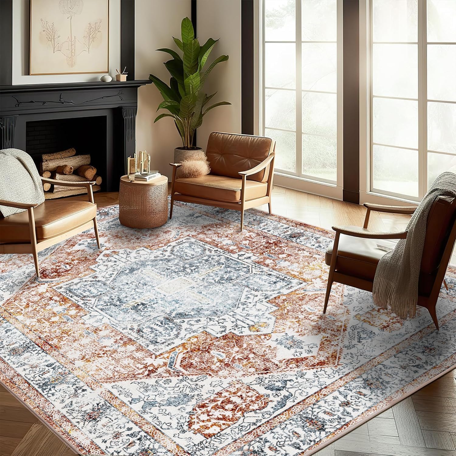 Area Rug 8x10 Washable Rug Brown Vintage Traditional Mat Distressed Indoor Foldable Thin Retro Accent Floral Non Slip Carpet Living Room Dining Room Office