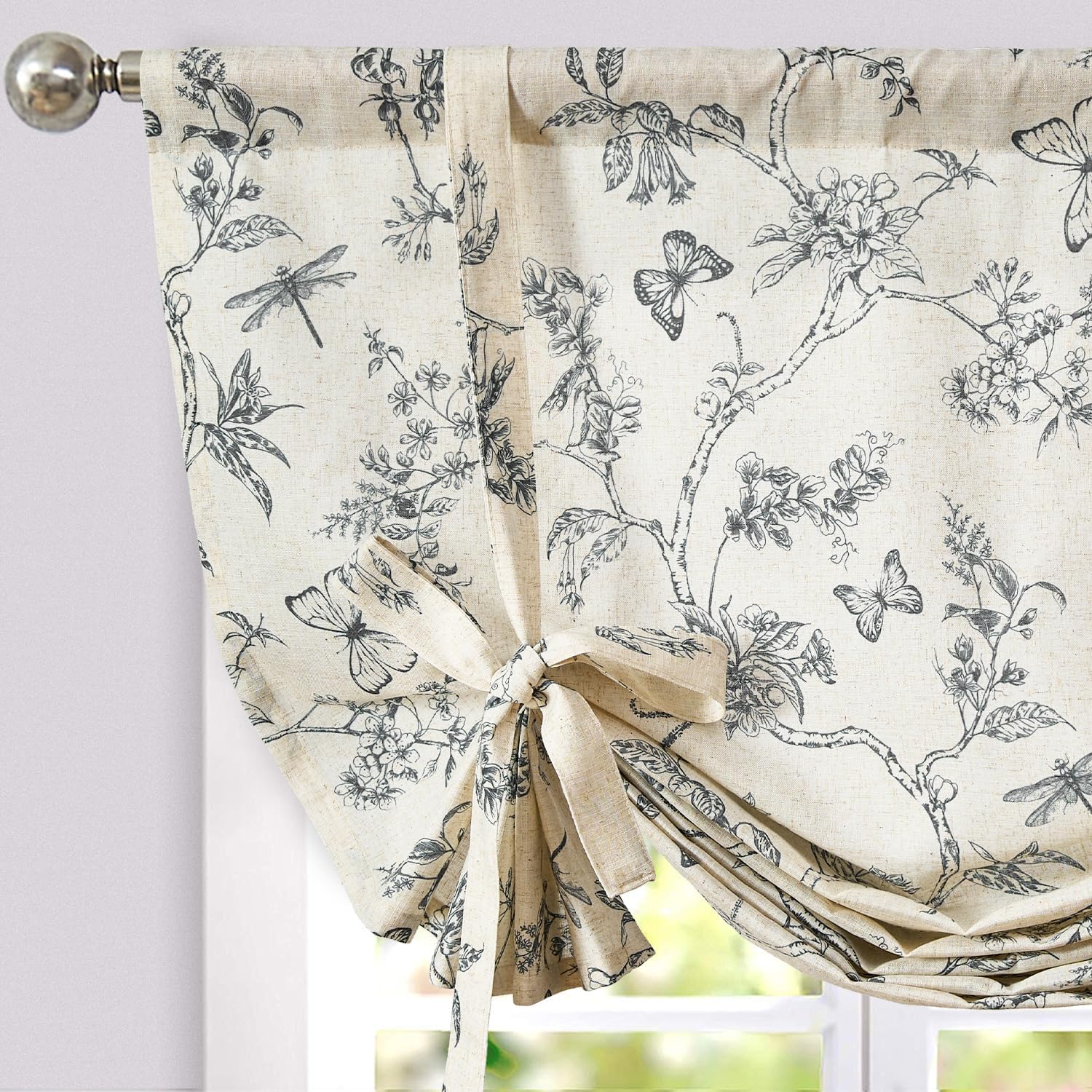 jinchan Tie Up Valance Floral Linen for Windows Farmhouse Valance 45 Inch Peonies Botanical Short Window Treatment Adjustable for Kitchen Living Room Light Filtering 1 Panel Black on Beige