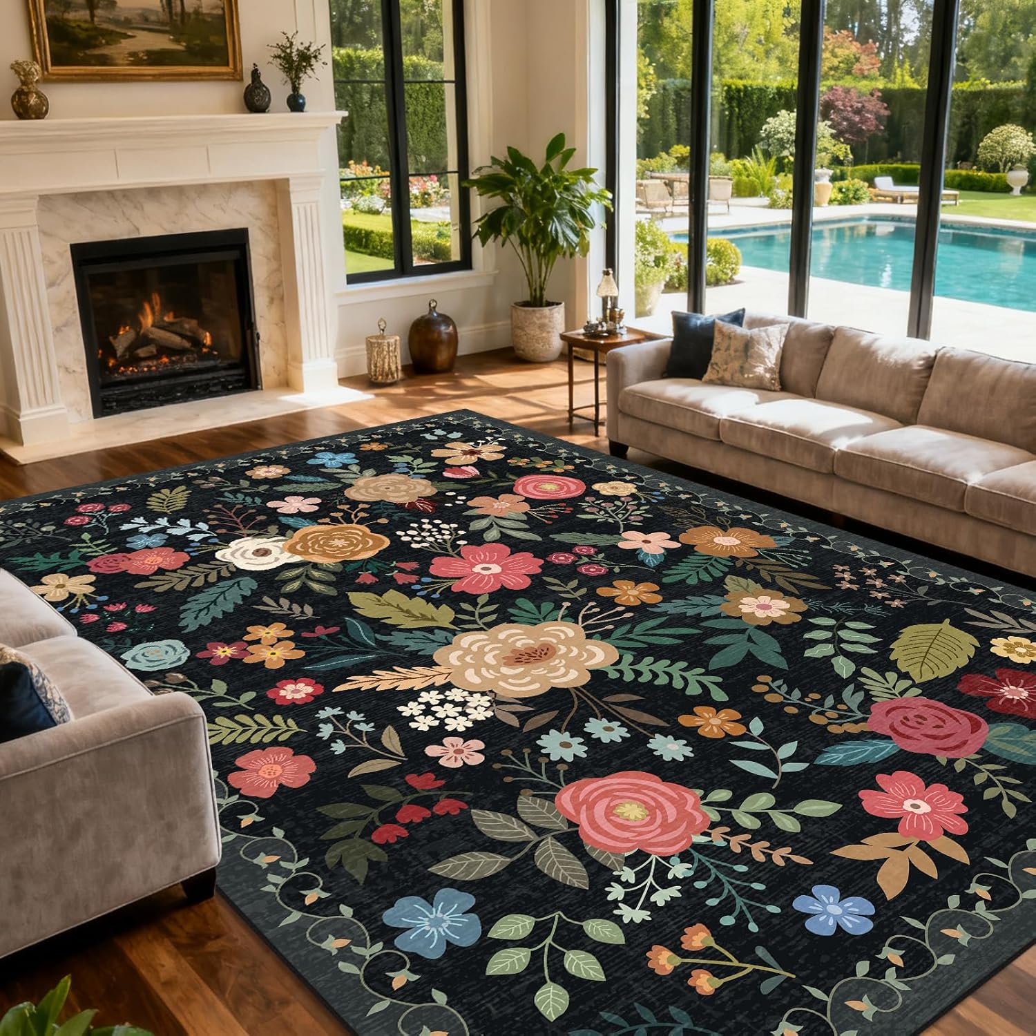 Vintage Beige Blue Living Room Rug, 8x10 Washable Area Rugs for Dining Room Under Table, Soft Low Pile Large Carpet Bedroom, Non-Slip Boho Floral (8 x 10 Beige Blue)