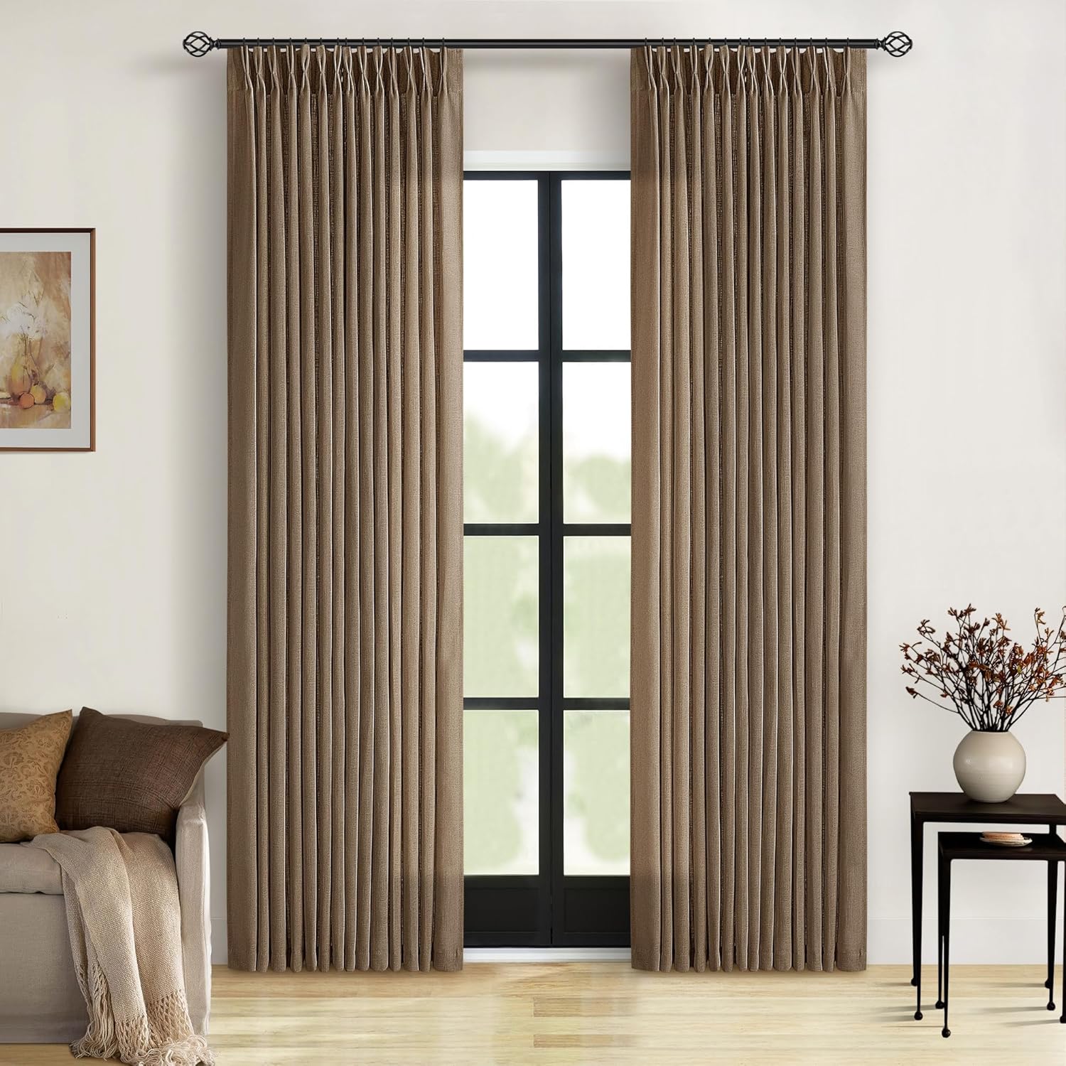 Natural Pinch Pleated Linen Curtains 84 Inch Length 2 Panels for Living Room Bedroom Textured Cream Ivory Birch Semi Sheer Boho Neutral Back Tab Pinch Pleat Hooks Rings Window Curtain 84 Inches Long