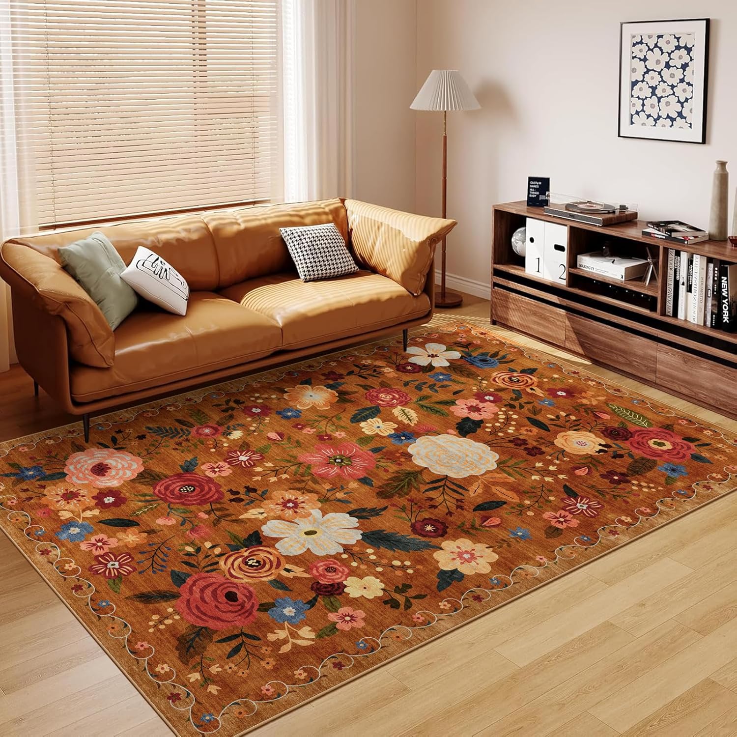 8x10 Washable Area Rug for Living Room, Floral Non-Slip Non-Shedding & Easy Care, Large Soft Low Pile Indoor Floor Carpet for Living Room, Bedroom, Farmhouse, Dining Room, Kids Playroom, Pink