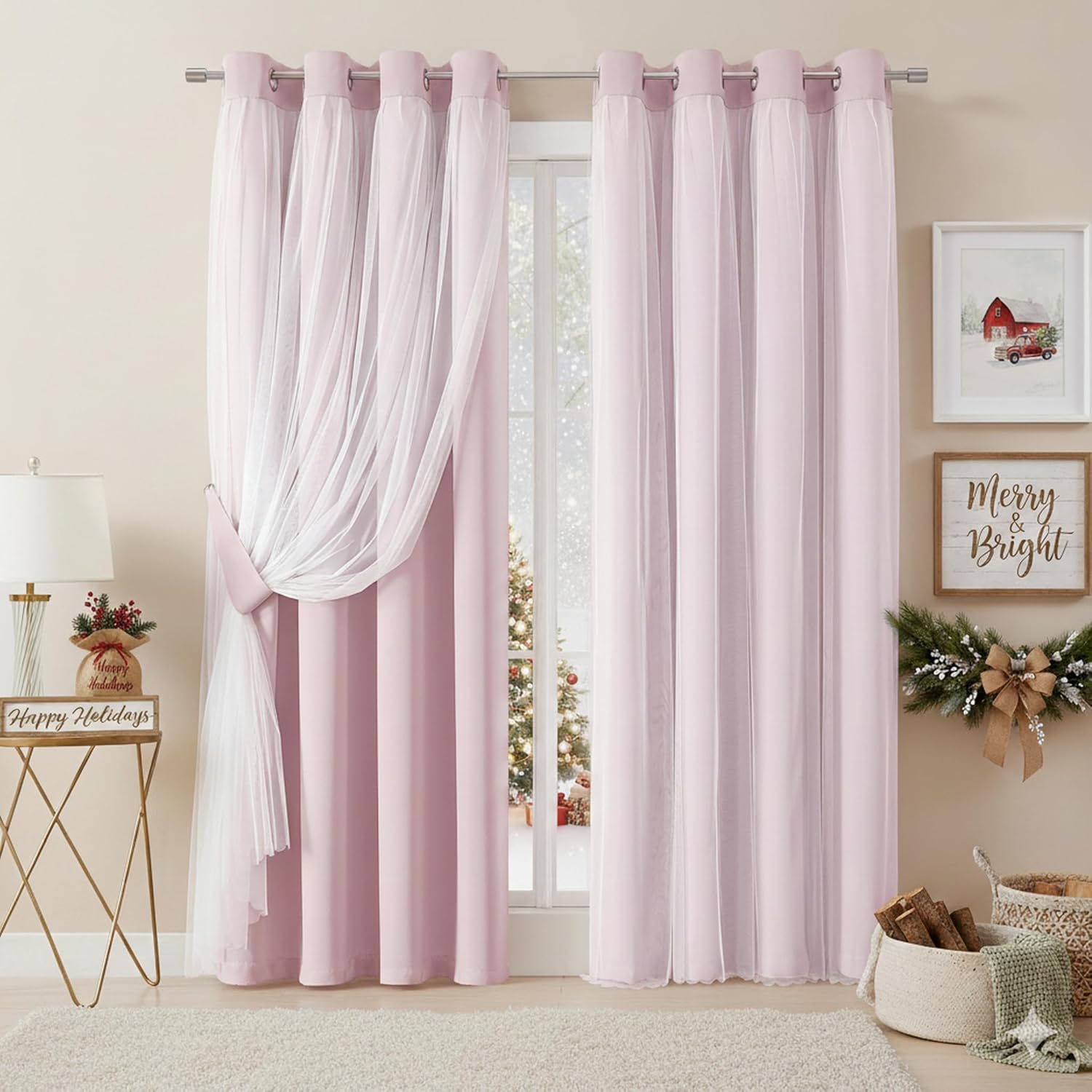 Bujasso Beige 90% Blackout Curtains with Sheer Overlay Mix and Match Double Layer Thermal Insulated Window Panels 84 inch for Living Room Bedroom Beige Drapes with Tiebacks Grommet Top 37" Wx84 Lx2