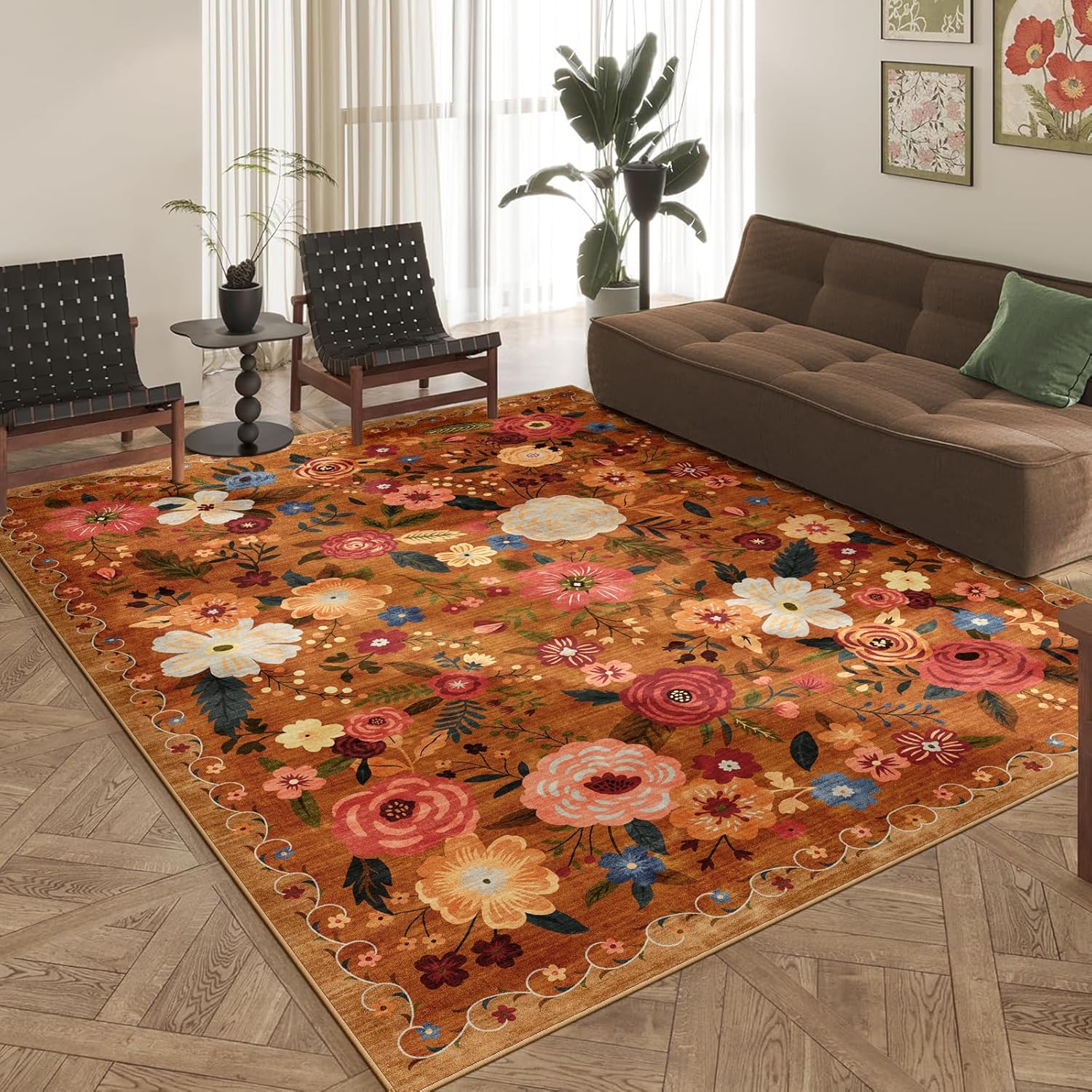 8x10 Washable Area Rug for Living Room, Floral Non-Slip Non-Shedding & Easy Care, Large Soft Low Pile Indoor Floor Carpet for Living Room, Bedroom, Farmhouse, Dining Room, Kids Playroom, Pink