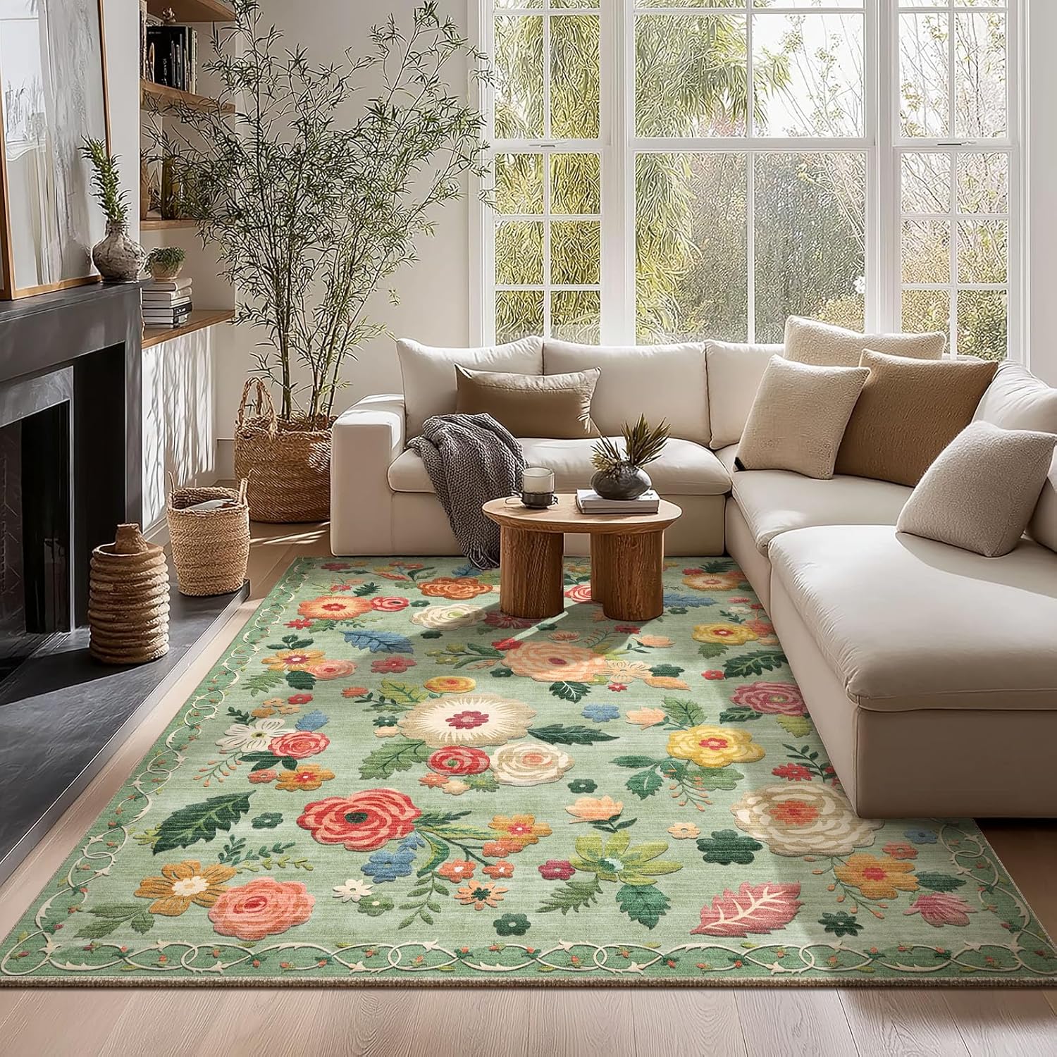 8x10 Area Rugs for Living Room: Washable Rug Stain Resistant Distressed Vintage Floral Rug Non Slip Low Pile Faux Wool Soft Large Area Rugs for Bedroom Bedside Farmhouse Dining Room Kids Nursery