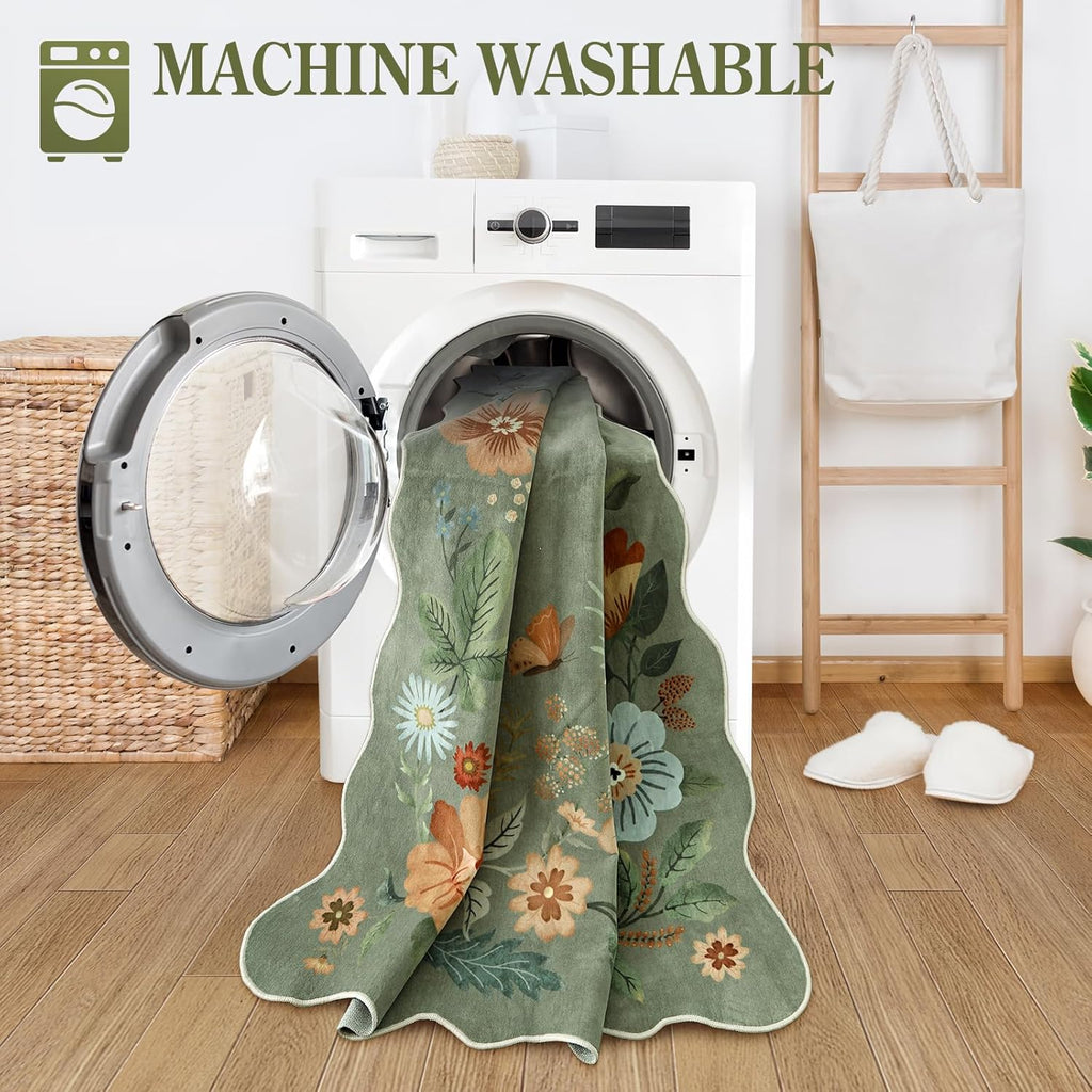 Lahome Floral Washable Rugs 8x10, Non-Slip Soft Green Rug Stain Resistant, Ultra-Thin 8x10 Rugs for Living Room Easy Clean Boho Accent Carpet for Dining Room Office(8x10ft,Green)