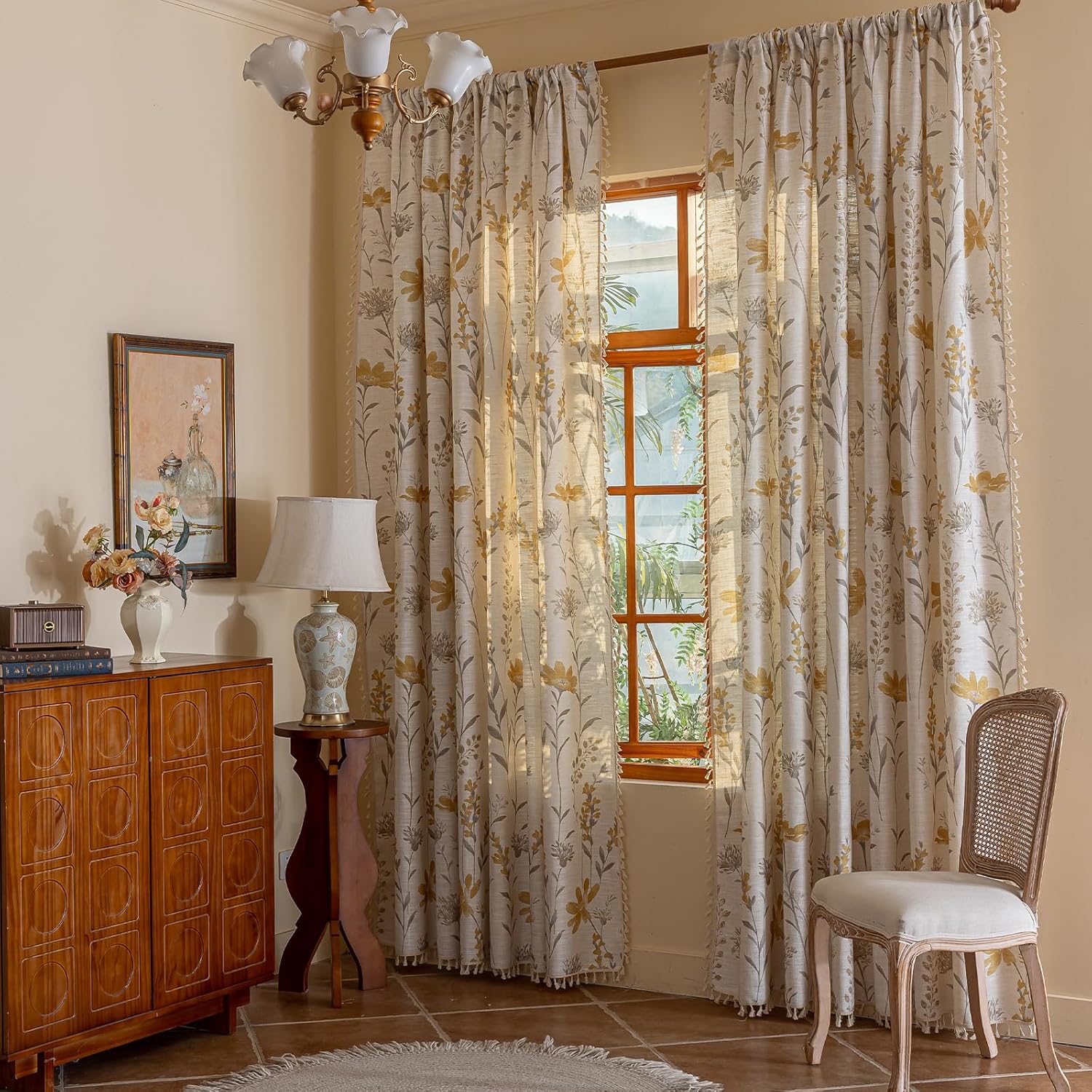 ENJOYBRIDAL Floral Bedroom Curtains 84 Inch Length 2 Panels Set Farmhouse Semi Sheer Living Room Drapes Cotton Linen Blend Bohemian Window Curtain Panels with Tassel Beige Rod Pocket Drapes