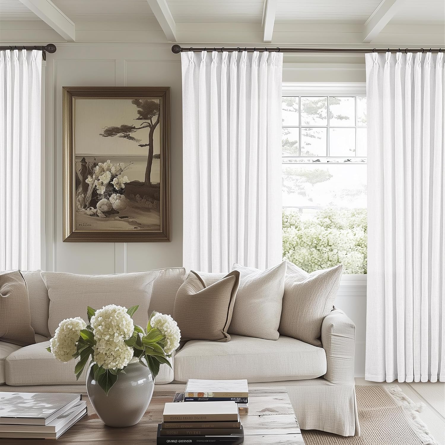 Natural Pinch Pleated Linen Curtains 84 Inch Length 2 Panels for Living Room Bedroom Textured Cream Ivory Birch Semi Sheer Boho Neutral Back Tab Pinch Pleat Hooks Rings Window Curtain 84 Inches Long