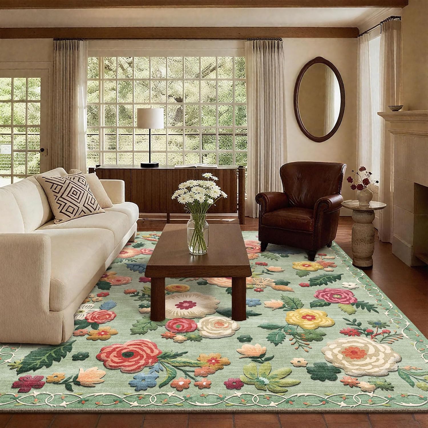 8x10 Area Rugs for Living Room: Washable Rug Stain Resistant Distressed Vintage Floral Rug Non Slip Low Pile Faux Wool Soft Large Area Rugs for Bedroom Bedside Farmhouse Dining Room Kids Nursery