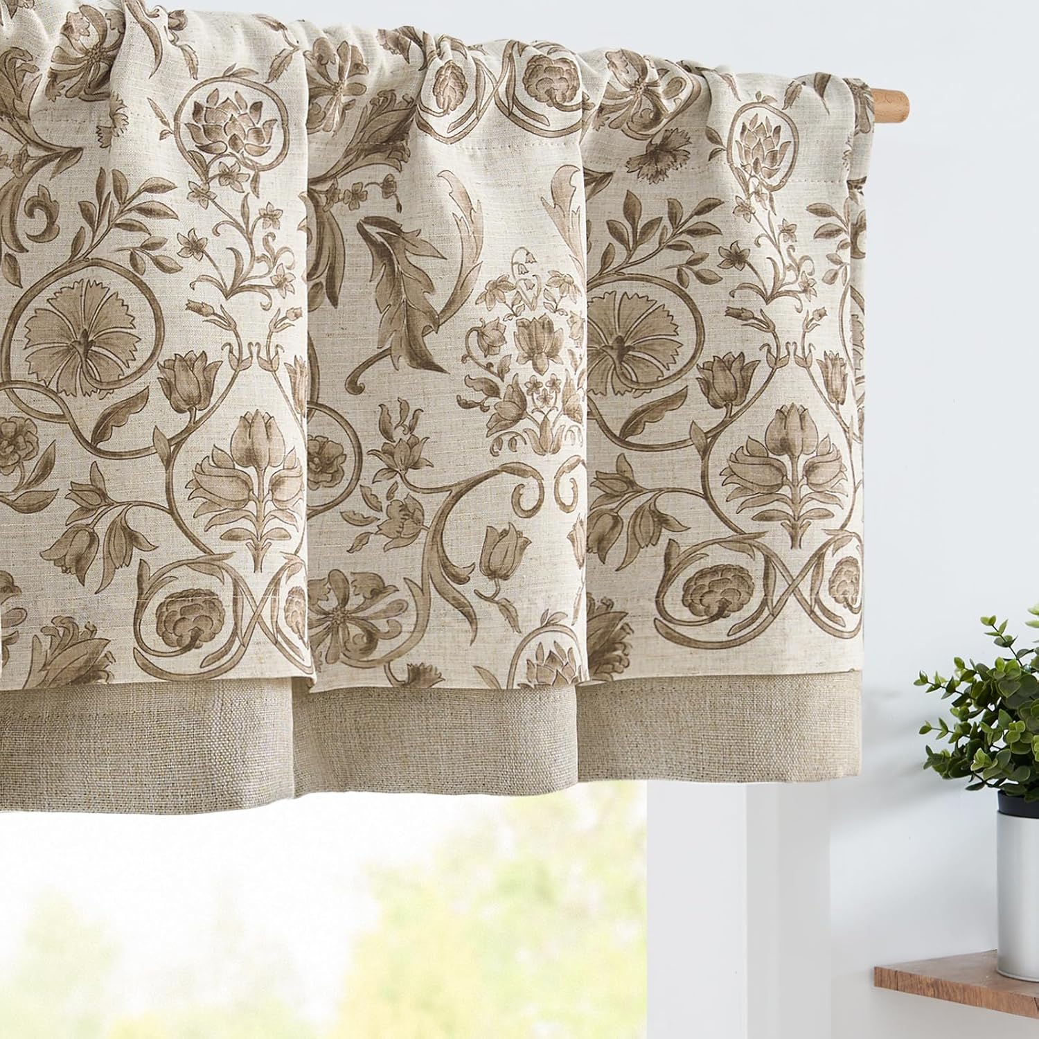 jinchan Linen Valance Kitchen Curtain for Windows Double Layer 16 Inch for Living Room Bedroom Christmas Decorations Blackout Vintage Rustic Farmhouse Cottagecore Rod Pocket 1 Panel Green on Beige