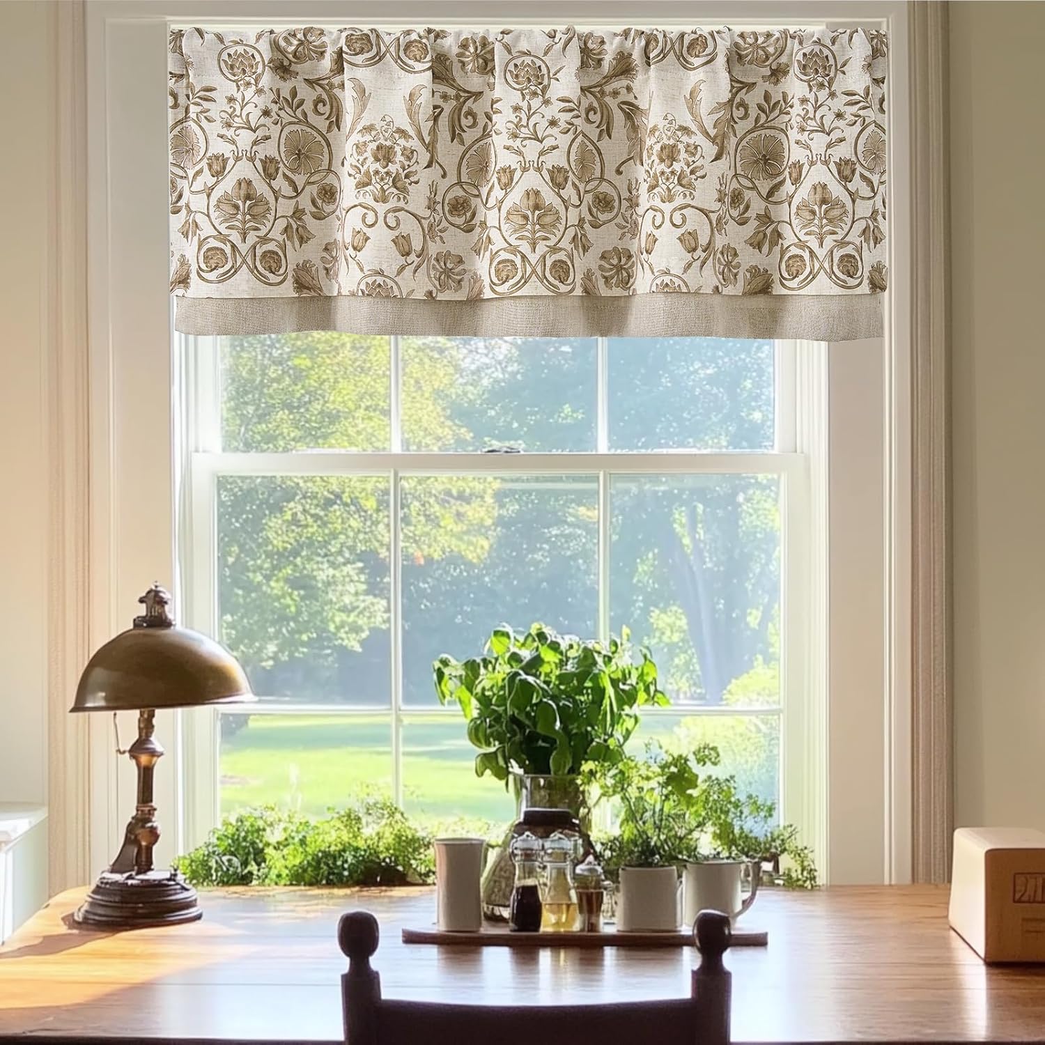 JINCHAN Linen Valance Kitchen Curtain for Windows Double Layer 16 Inch for Living Room Bedroom Bathroom Window Treatment Blackout Vintage Rustic Farmhouse Cottagecore Rod Pocket 1 Panel Taupe on Beige
