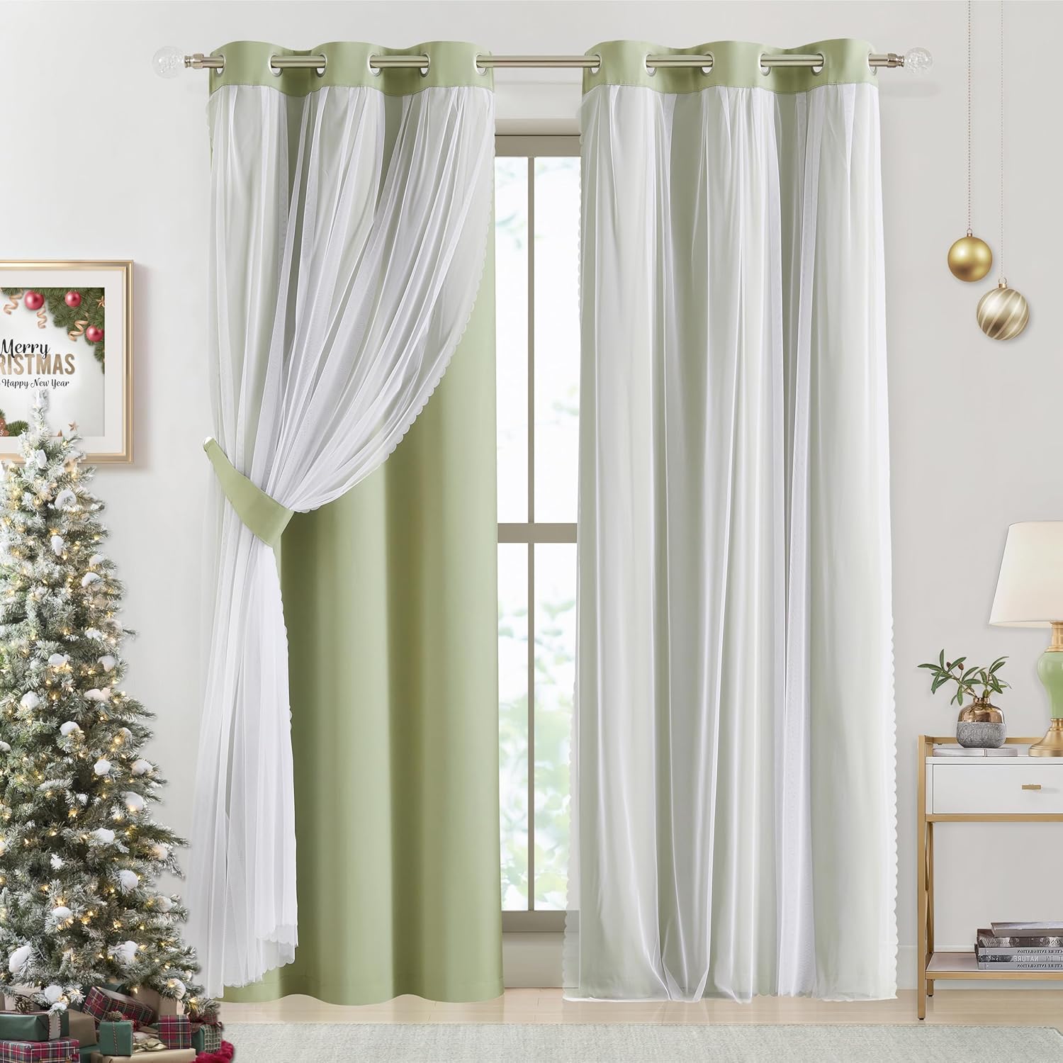 Bujasso Beige 90% Blackout Curtains with Sheer Overlay Mix and Match Double Layer Thermal Insulated Window Panels 84 inch for Living Room Bedroom Beige Drapes with Tiebacks Grommet Top 37" Wx84 Lx2
